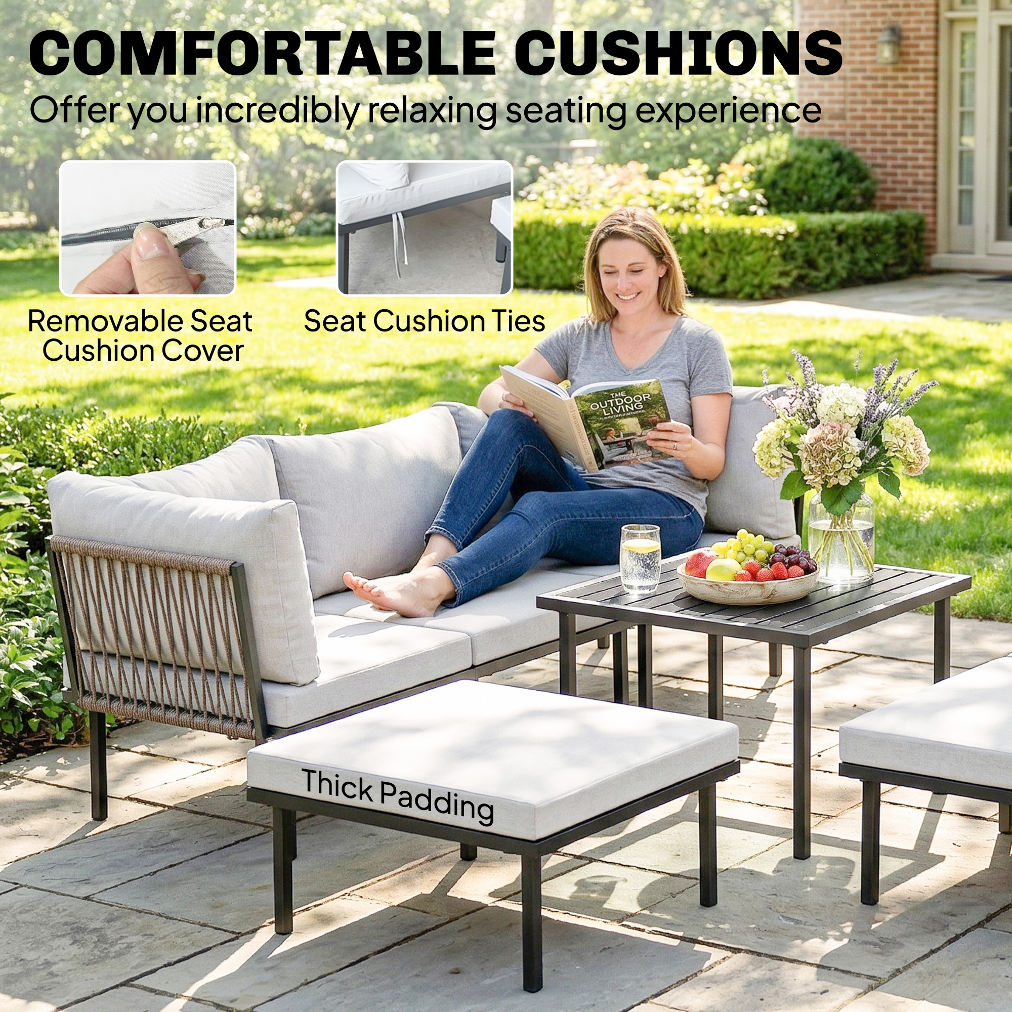 Lounge Gartenmöbel Set 5-6 Personen Gartenlounge Set mit 2 Sitzer Gartensofa 2 Stühle Eckstuhl Lamell-Tisch Fußhocker