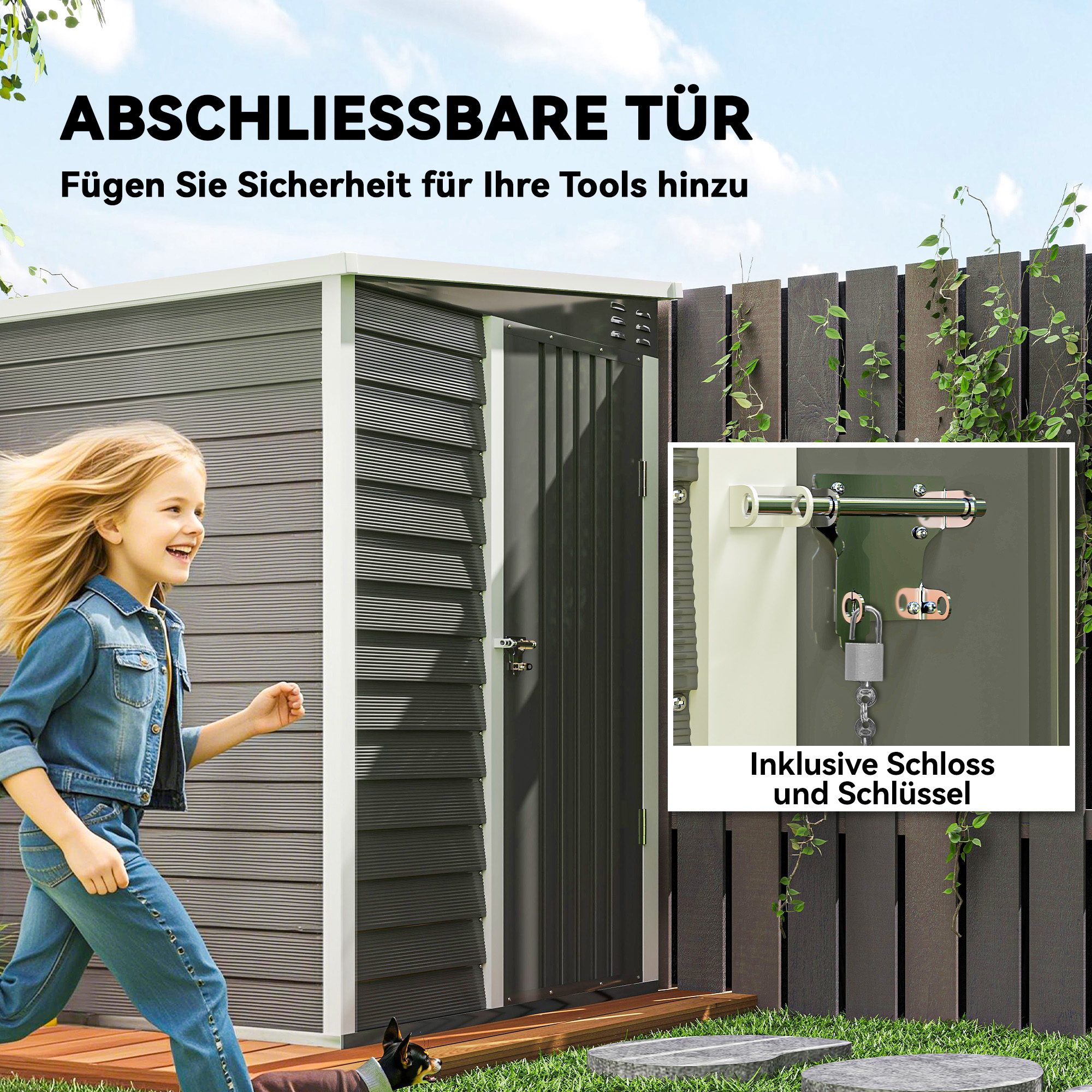 Gartenschuppen aus Metall, verzinkter Stahl, verschließbare Tür, leichte Montage, 142 x 184 x 165/181 cm, Grau