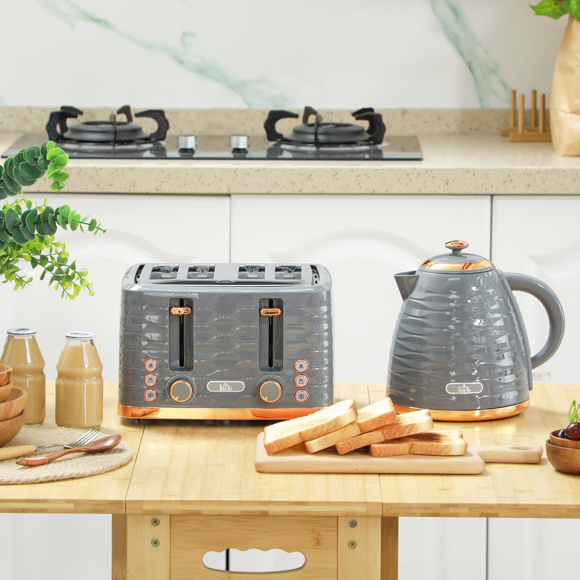 2-in-1 Toaster und Wasserkocher Set, 7 Bräunungsstufen, Auftau- und Aufwärmfunktion, Grau