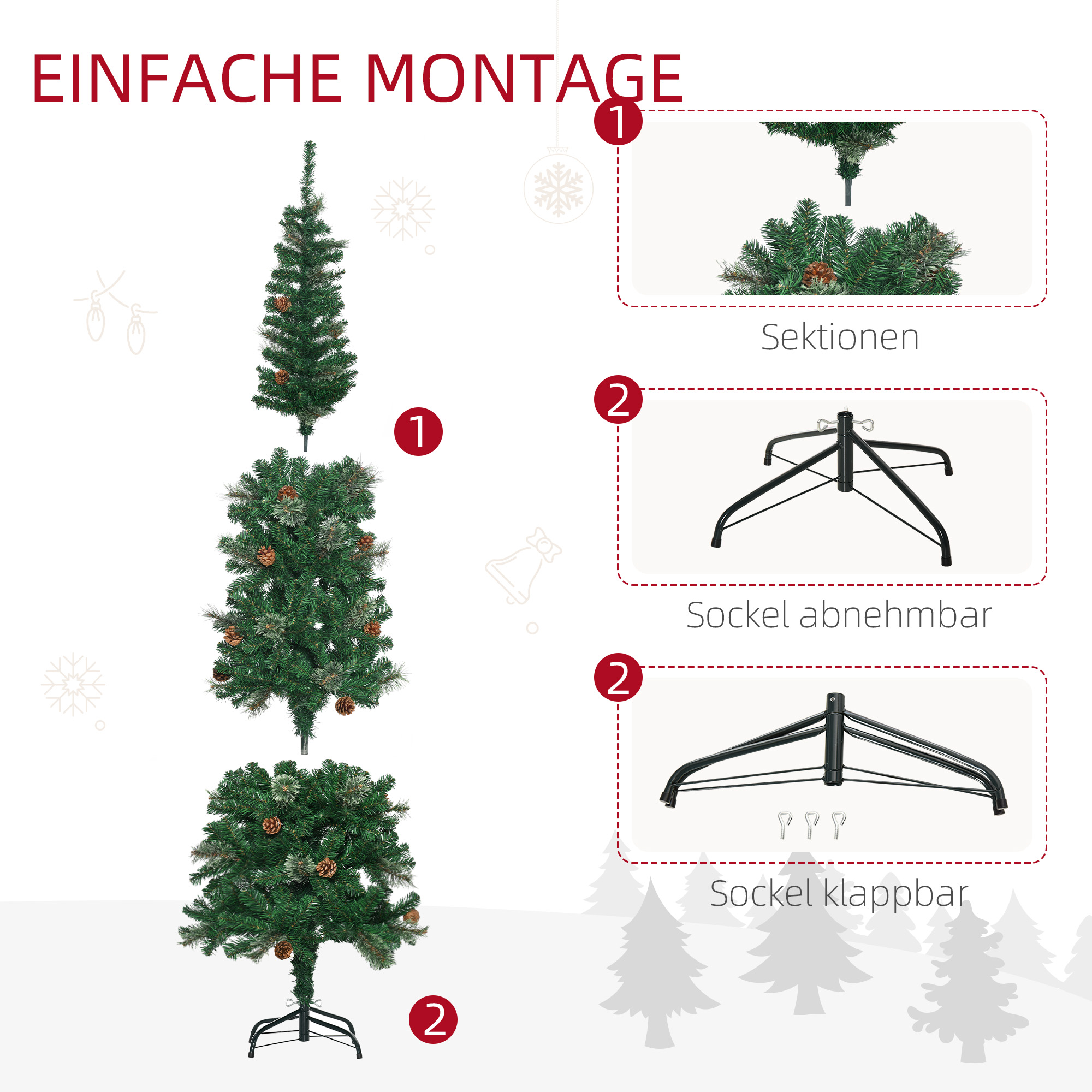 Künstlicher Weihnachtsbaum, schlank, Tannenzapfen, flammenhemmend, 54 x 195 cm, Grün