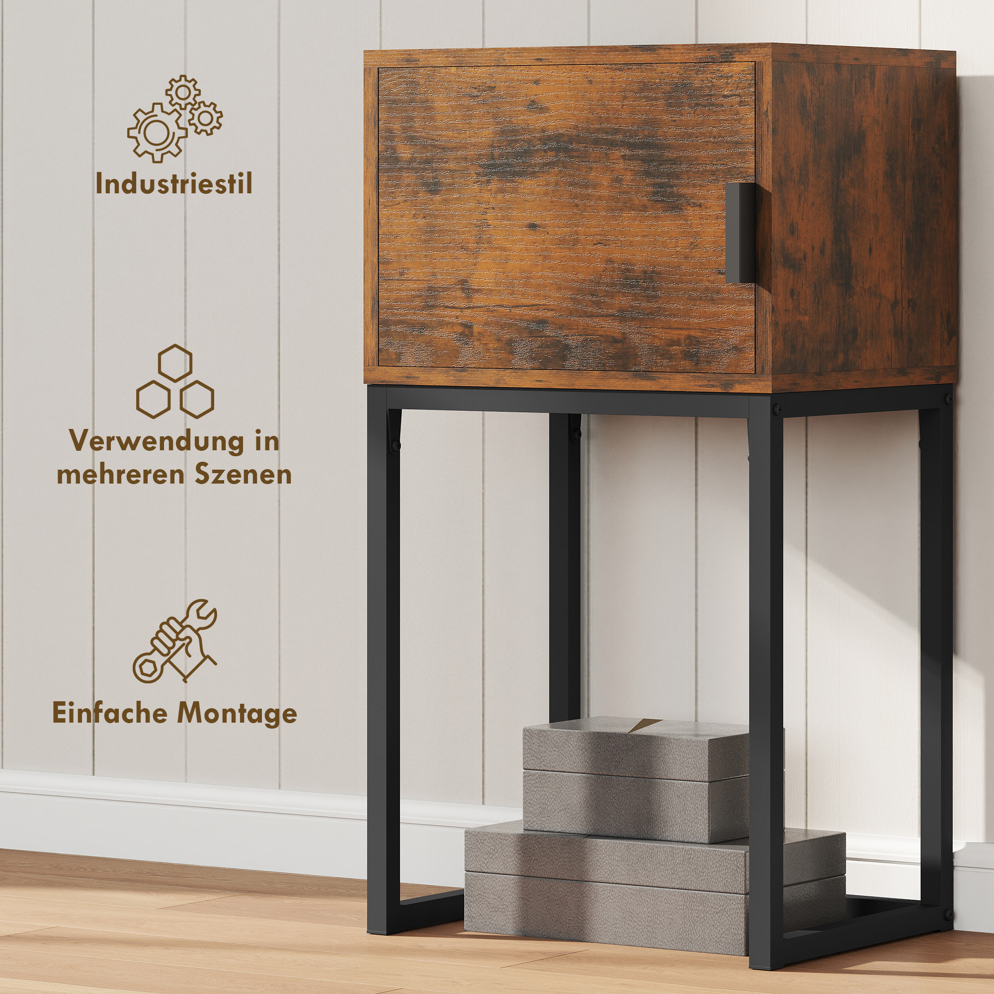 Konsolentisch Schmal, Schrank, Industrie-Design, Wohnzimmer Flur, 40x30x76cm, Rustikal-Braun