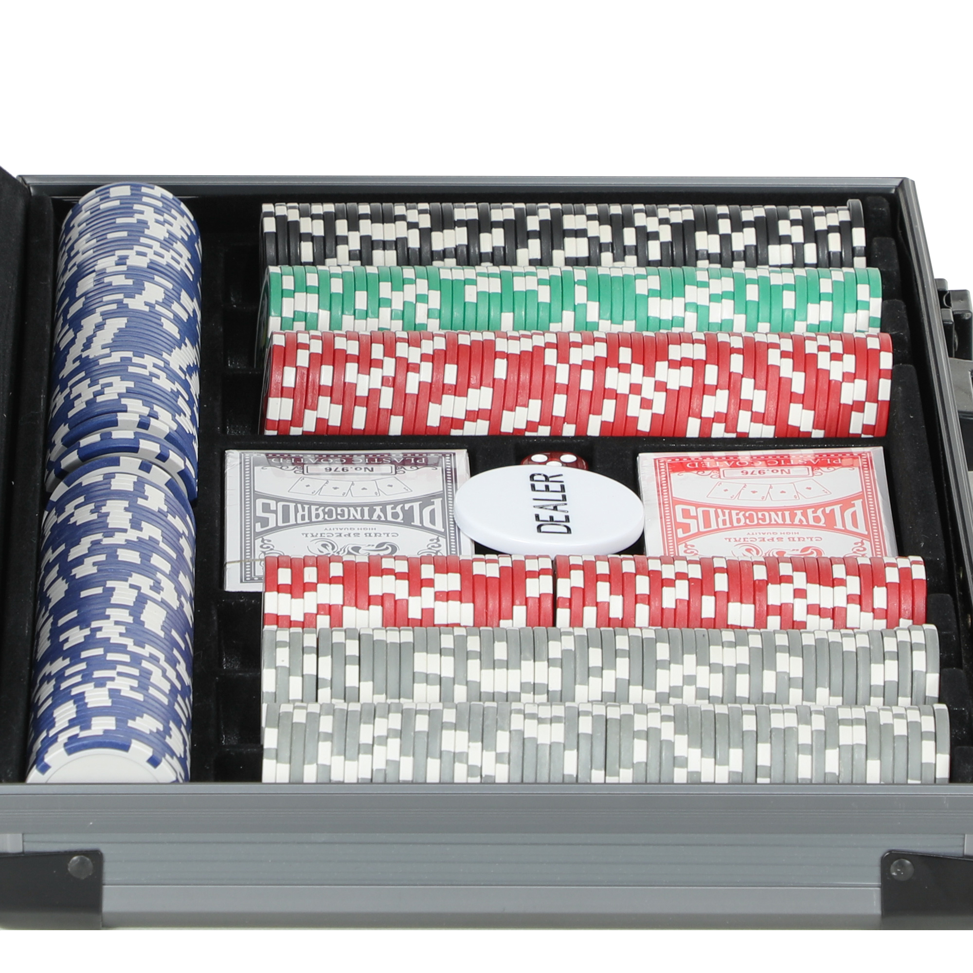 Poker-Set, Pokerkoffer, 400 Chips, 2 Kartendecks, 5 Würfel, Dealer-Scheibe, Unterlage