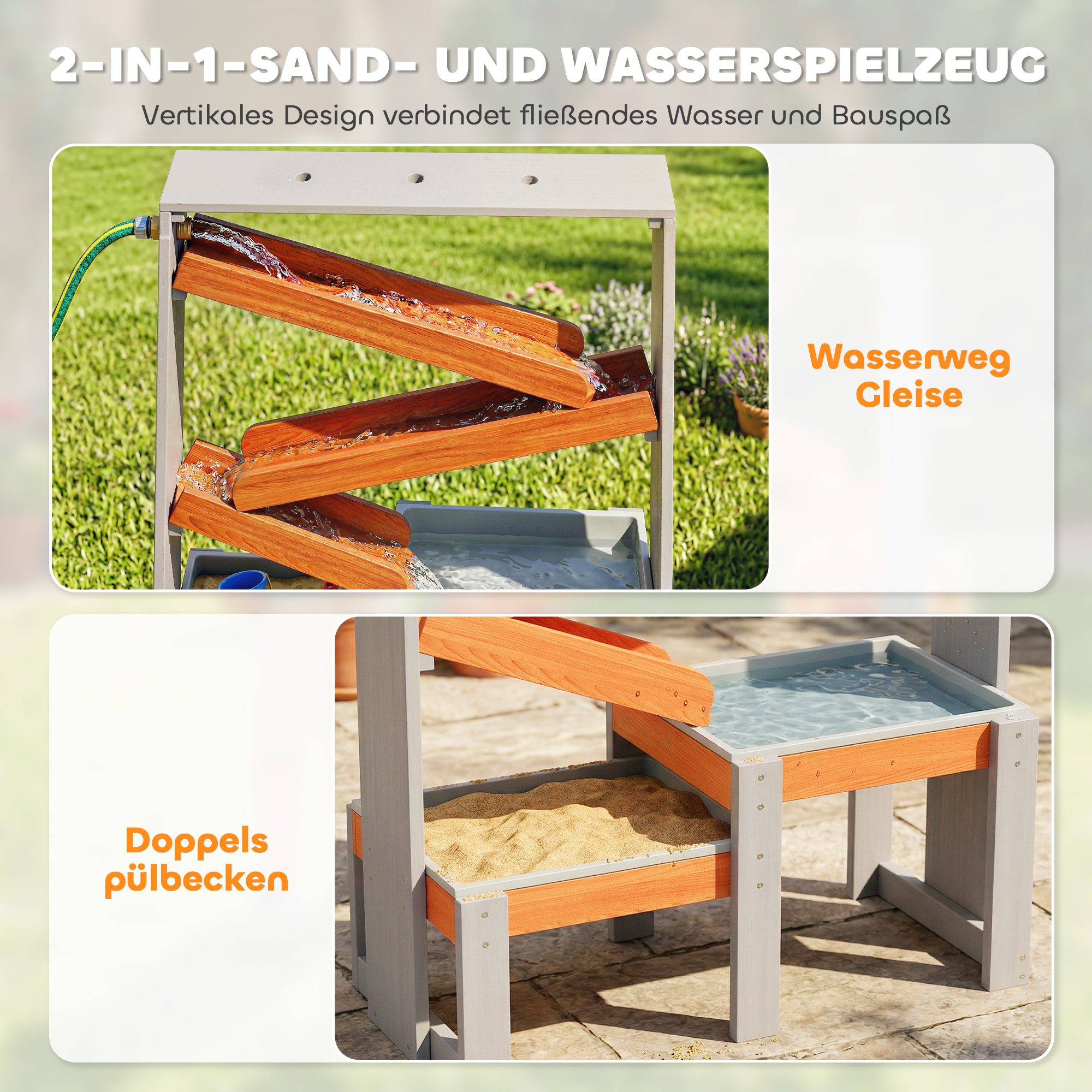 Sand Wasserspieltisch, Holz Wassertisch, Matschtisch mit Wasserbahn, 2 Becken Sandkastentisch für 3-8 Jahre Kinder Grau
