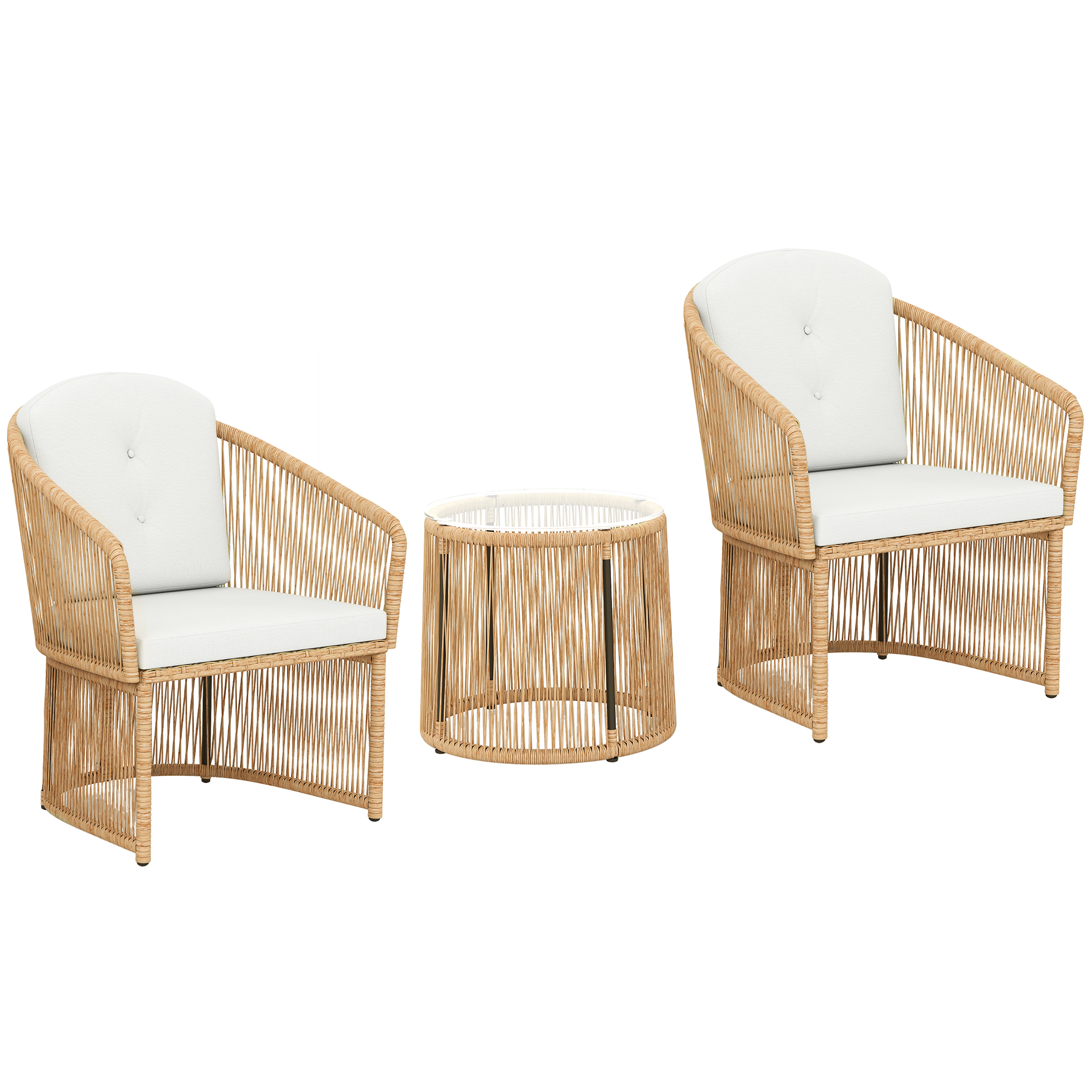 Rattan-Bistro-Set, 3-teiliges Gartenmöbel-Set mit rundem Glastisch, Sesseln und Kissen, Cremeweiß