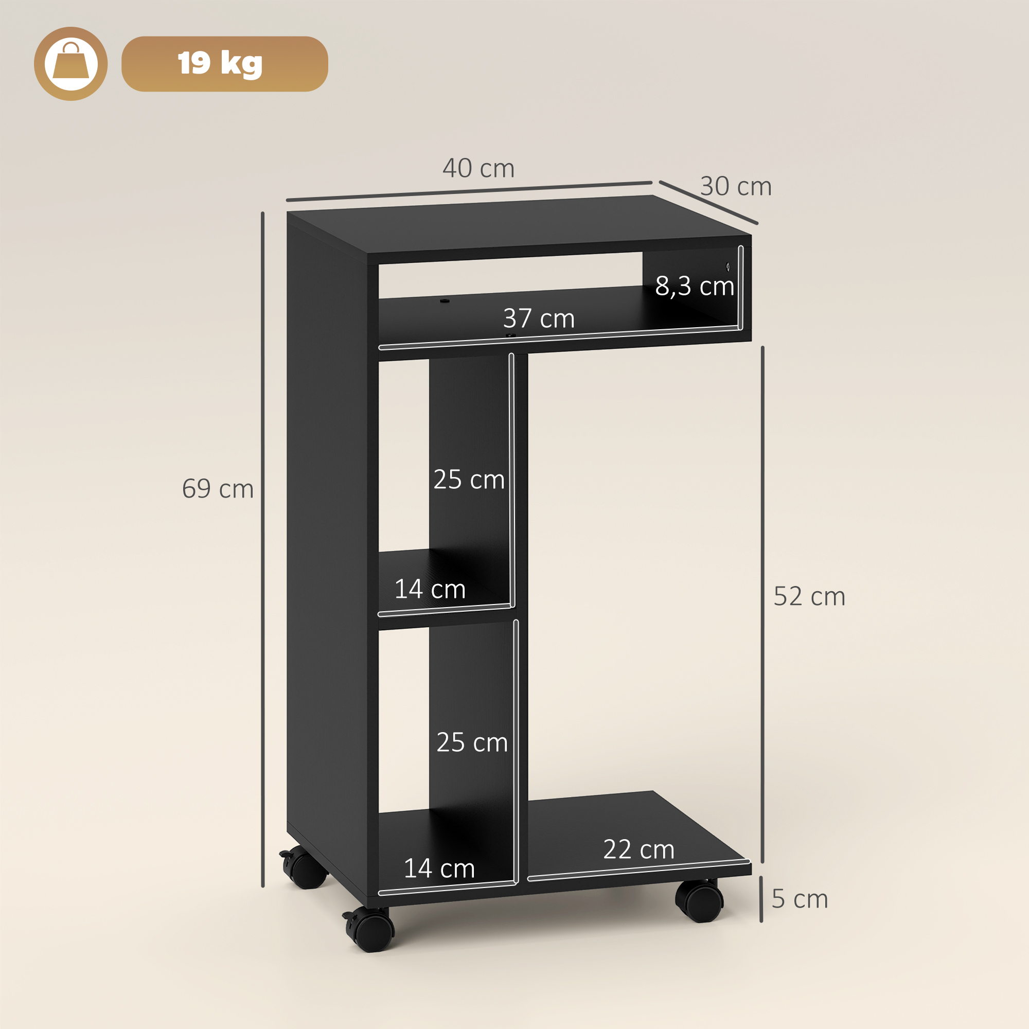 Beistelltisch, C-förmiger Servierwagen, 4 Rollen, 3 Fächer, 40 x 30 x 69 cm, Schwarz