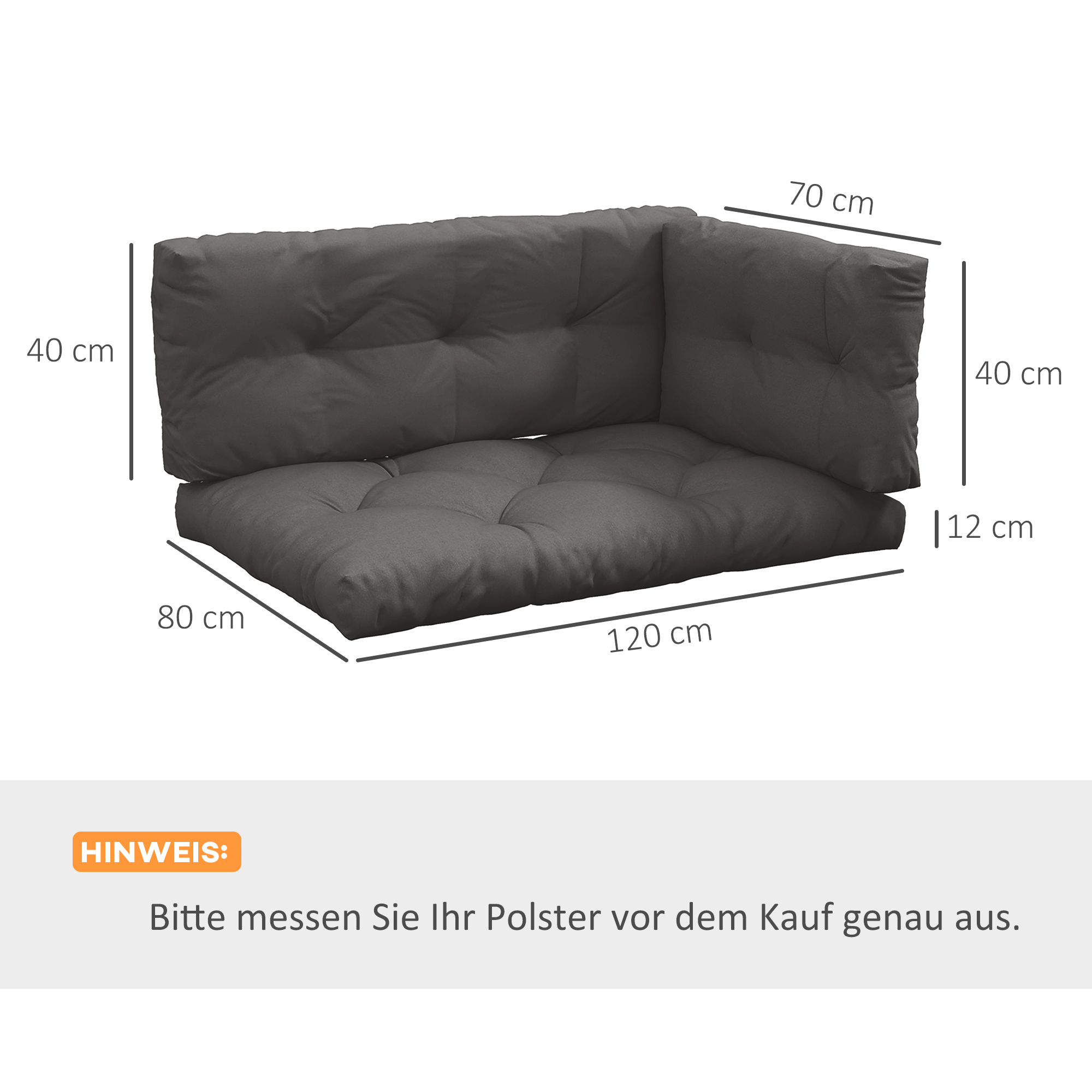 Polsterauflage Gartenmöbelsitzkissen Sitzauflage, wetterbeständig, Knopfheftung, 120 cm x 80 cm x 12 cm, Grau