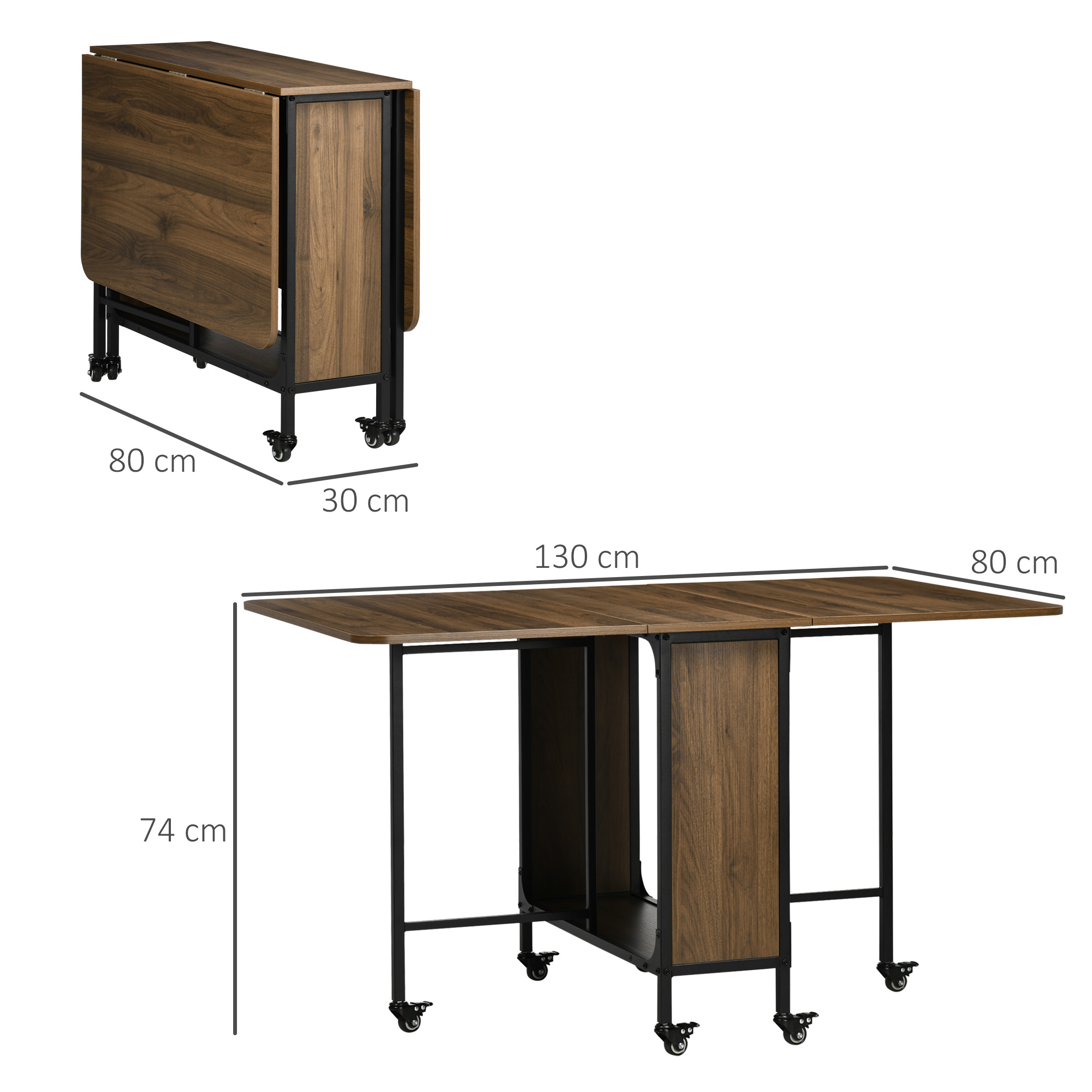 Mobiler Klapptisch Klapptisch, 2 klappbare Flächen, 130 cm x 80 cm x 74 cm, Braun