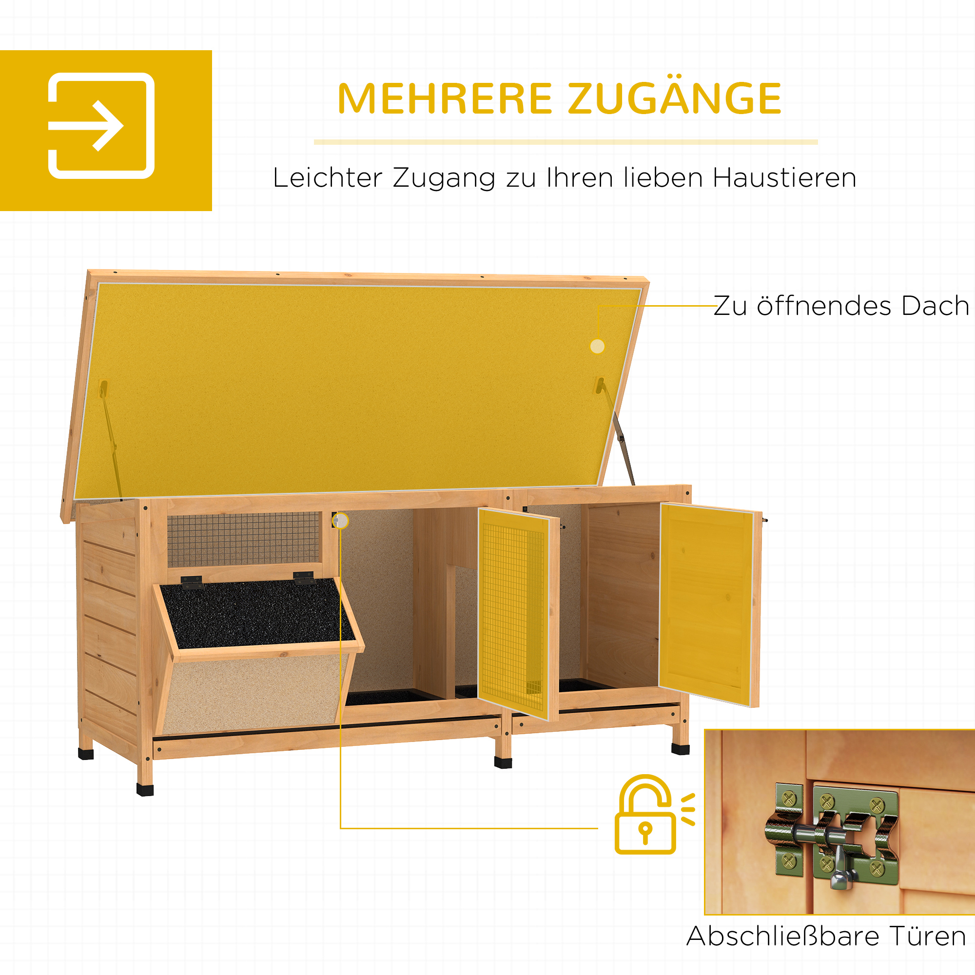 Hasenstall Winterfest Kaninchenstall aus Holz 112x50x54 cm Kaninchenkäfig mit Bitumendach, 2 Türen, Metallgitter, Hasenkäfig für Kaninchen, Meerschweinchen Outdoor Natur+Schwarz