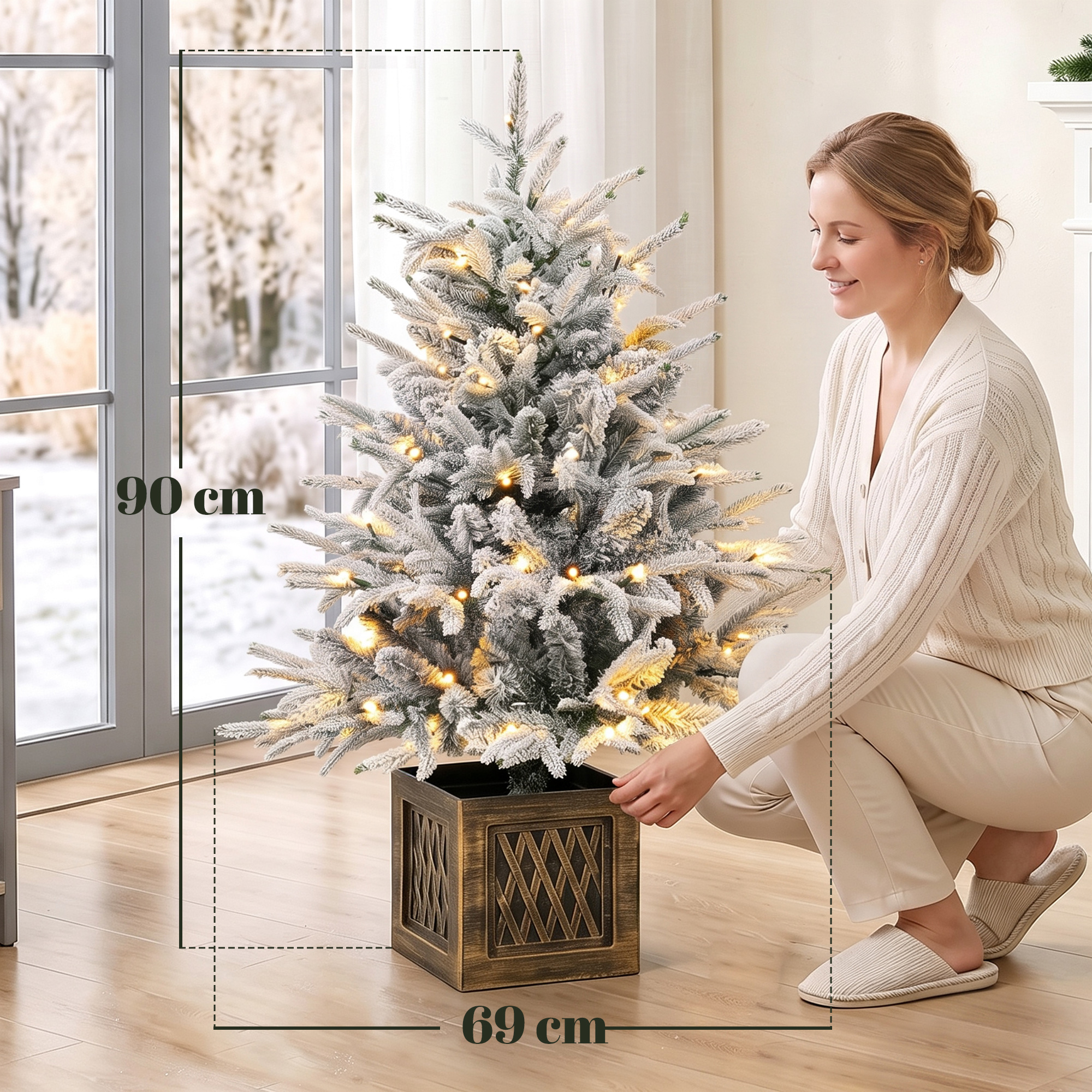 Tisch-Weihnachtsbaum 90 cm, vorbeleuchtet, beschneit, künstlich, 70 warmweiße LEDs, 488 Spitzen, Grün