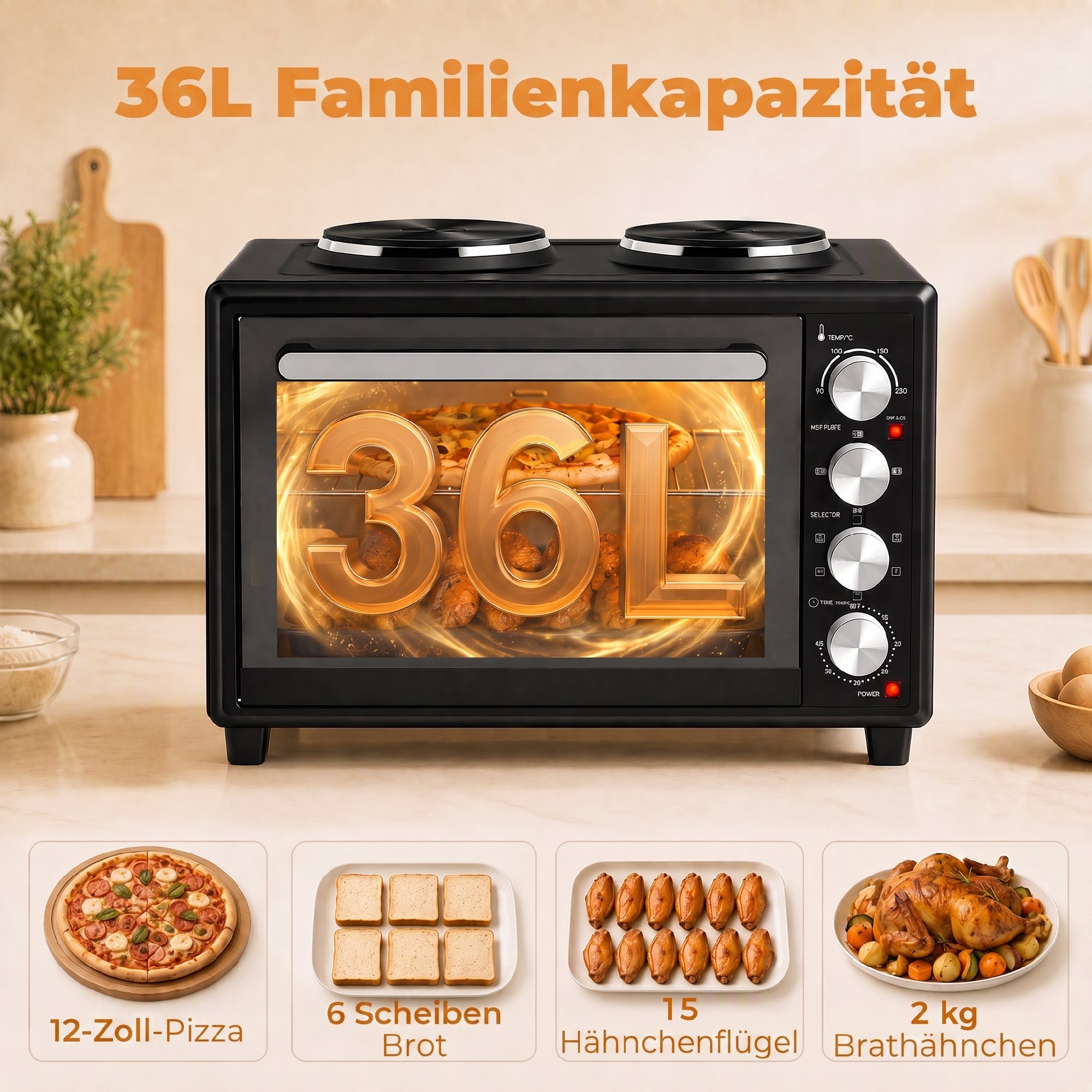 36L Mini-Backofen mit 2 Kochplatten, elektrischer Tischbackofen mit Umluft, 90–230 °C
