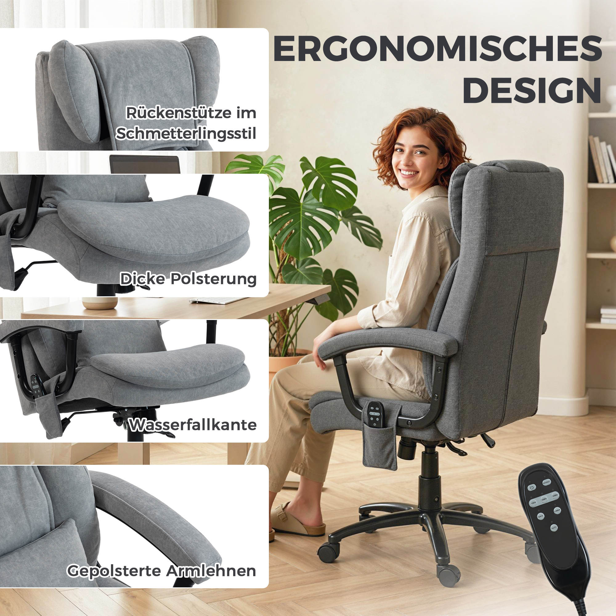 ergonomischer Massage-Bürostuhl mit 4 Knetpunkten, Chefsessel mit hoher Butterfly-Rückenlehne, breitem Sitz, Grau