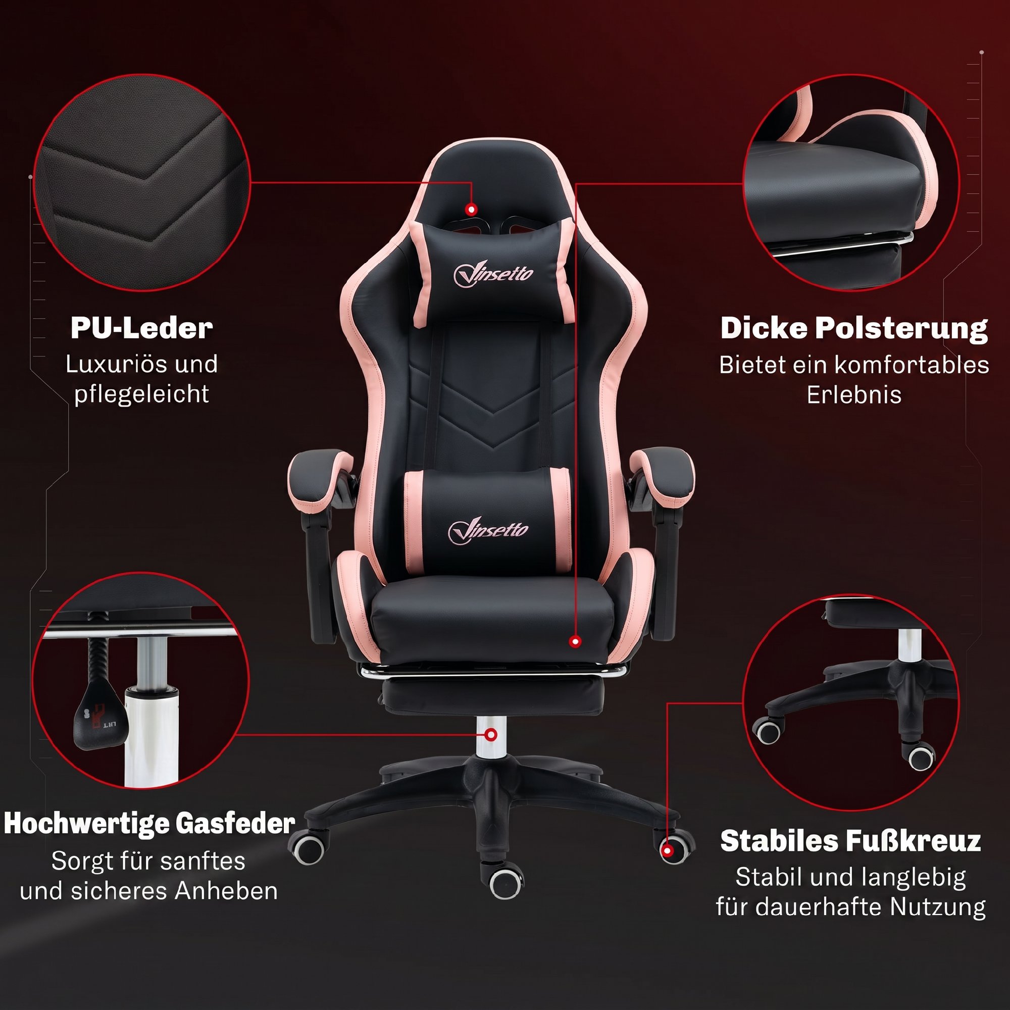 Bürostuhl, Gamingstuhl, 1 Kopfstütze, 1 Lendenstütze, Rosa + Schwarz