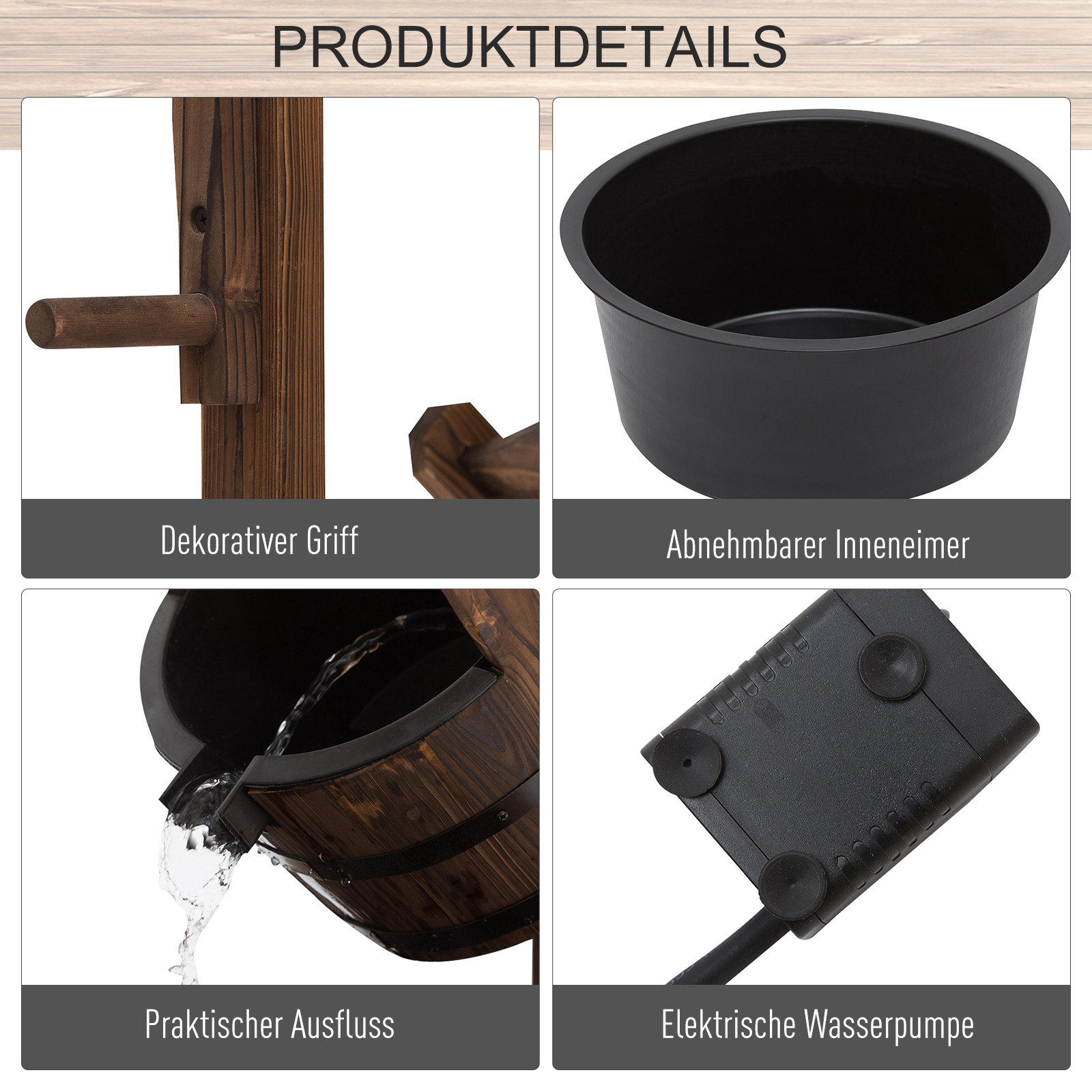 Gartenbrunnen, Zierbrunnen, Springbrunnen, Wasserfall, Regulierbar, Massivholz, Braun, 68 x 57 x 118 cm