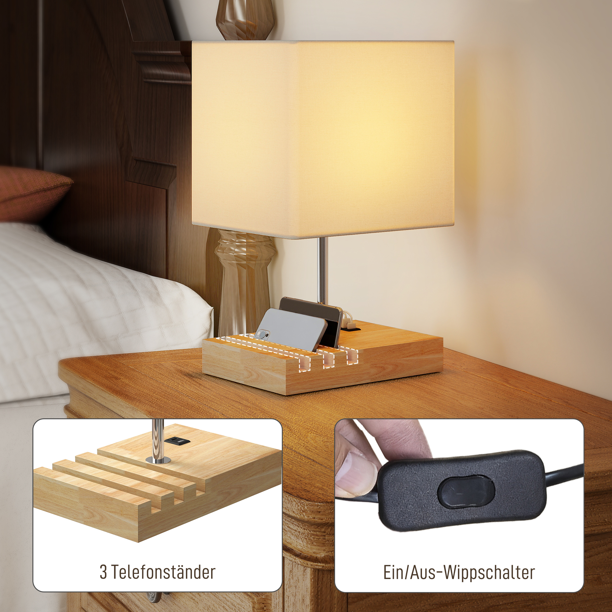 Nachttischlampe, USB-Anschlüsse, Holz, Stoff, Wippschalter, Ablagefächer, Weiß