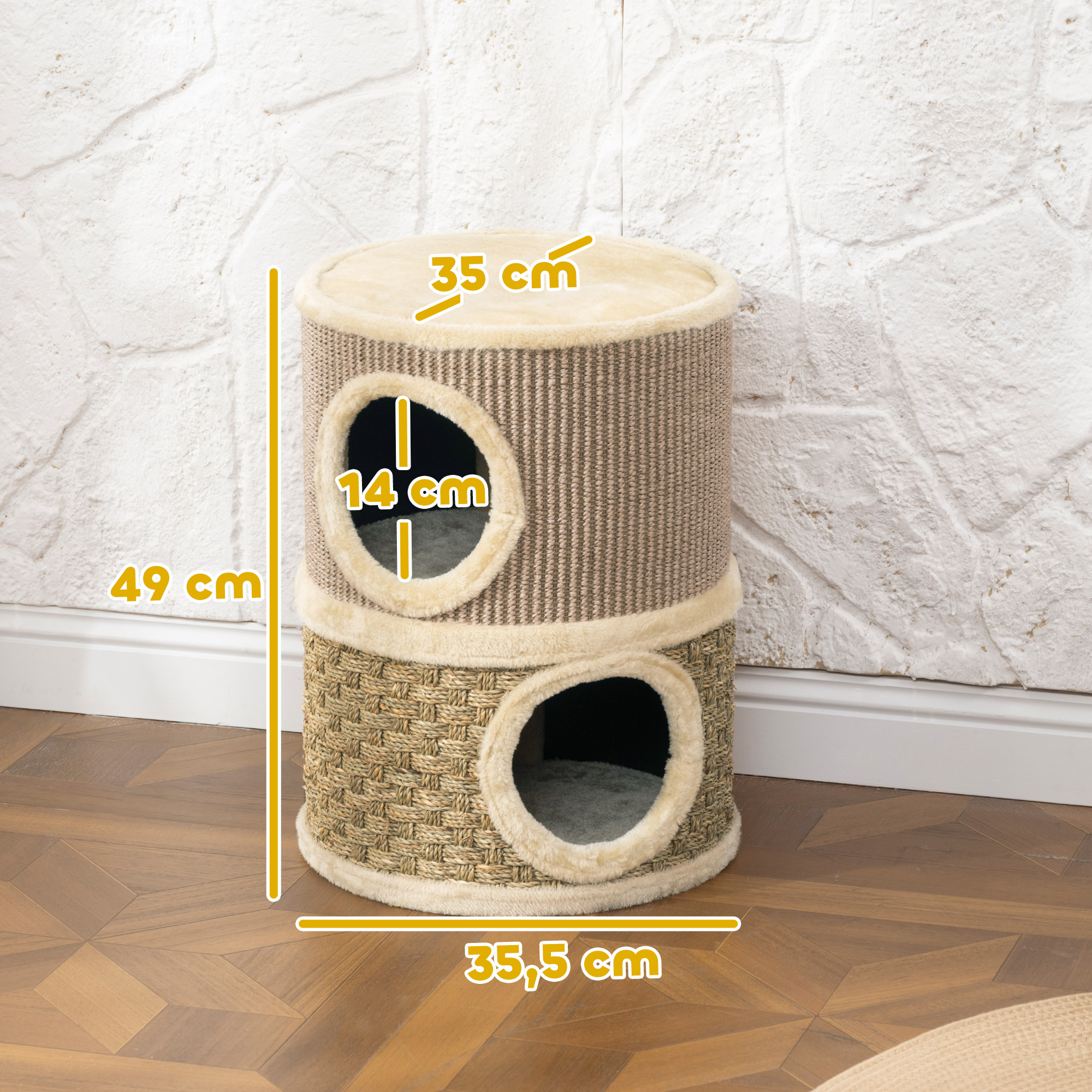Kratztonne, 49 cm hoch, Ø35,5 cm zweistöckige Katzentonne mit Plüschrand Kratzmatte, 2 Höhle Khaki+Kaffee