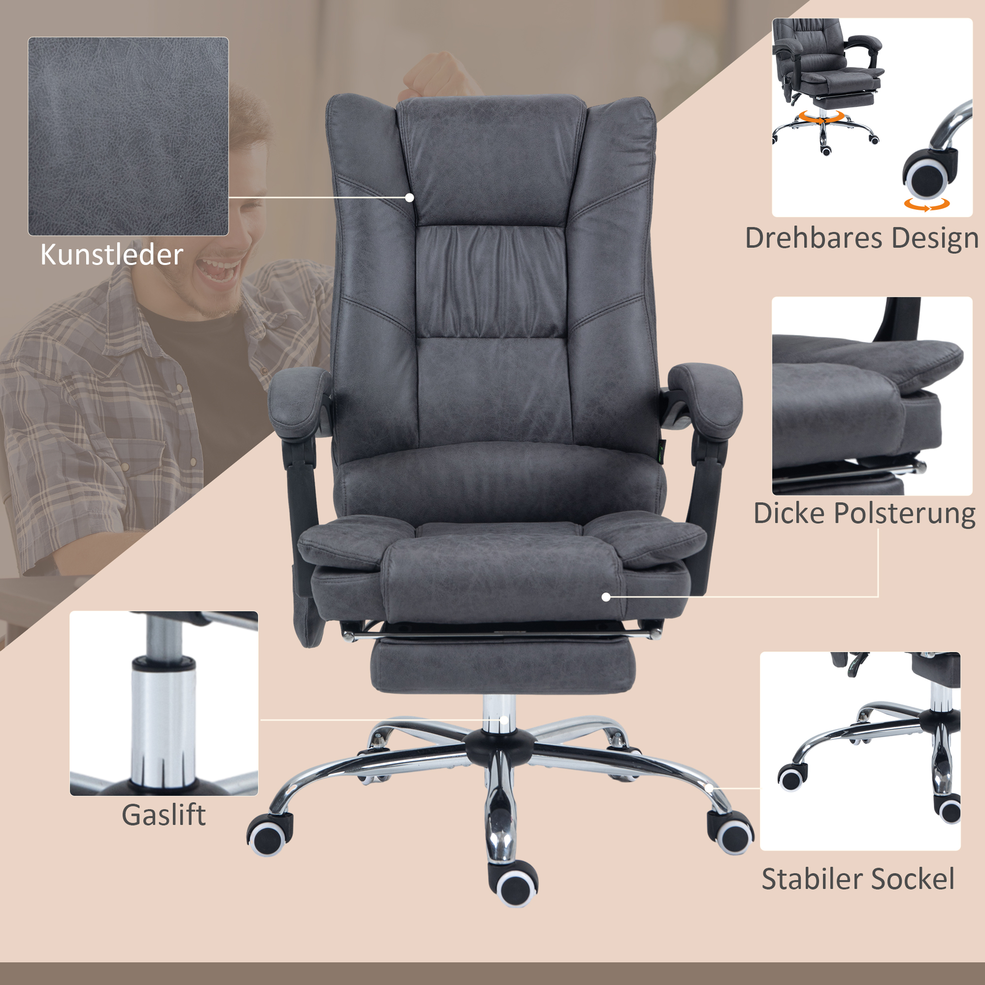 Massagstuhl Bürostuhl mit Massagefunktion, inkl. Fußstütze, höhenverstellbar, 64 cm x 70 cm x 118 cm, Schwarz