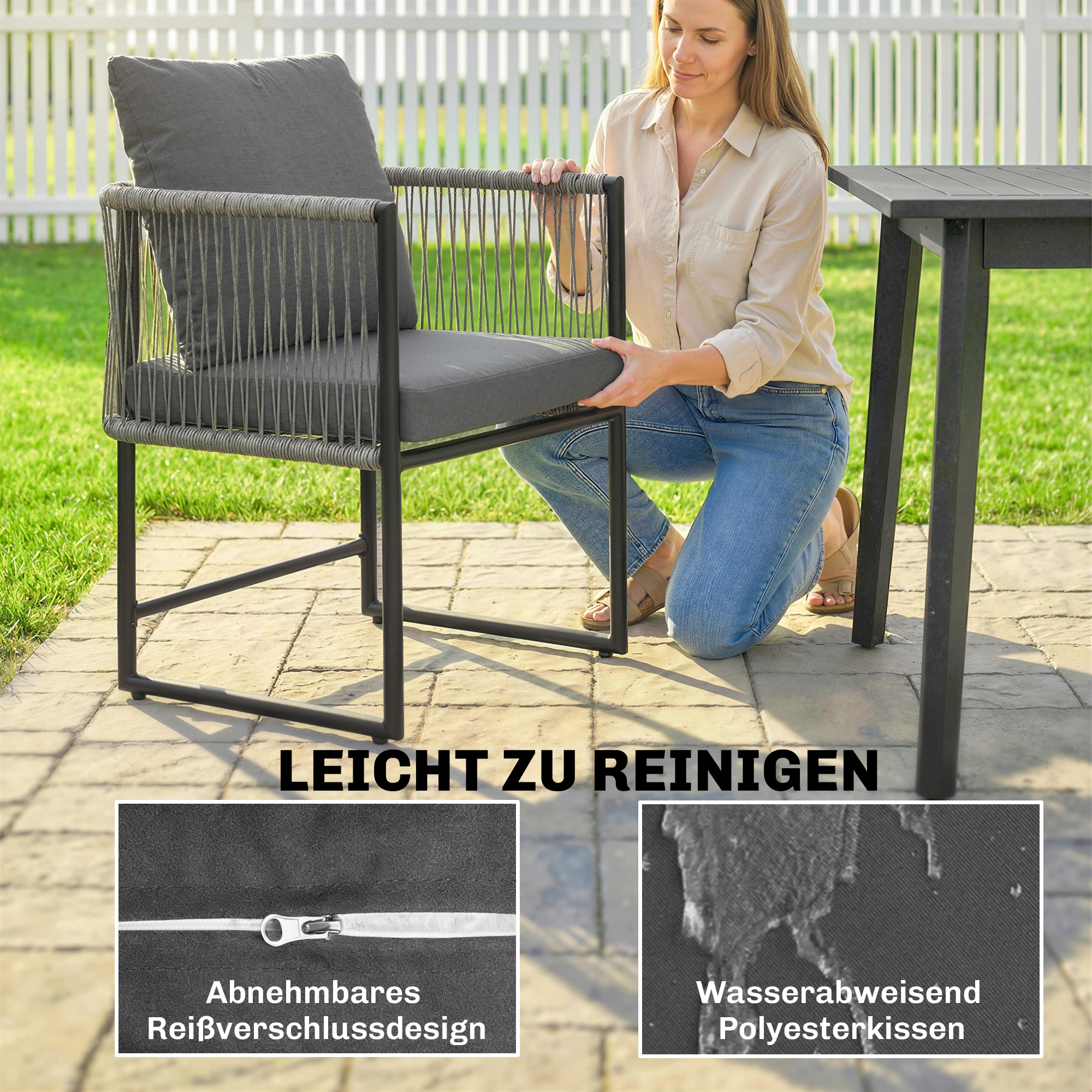 Gartenstuhl 2er Set wetterfest Gartenstühle aus Stahl PE-Rattan mit Kissen Armlehne Rückenlehne 52x52x66 cm Dunkelgrau