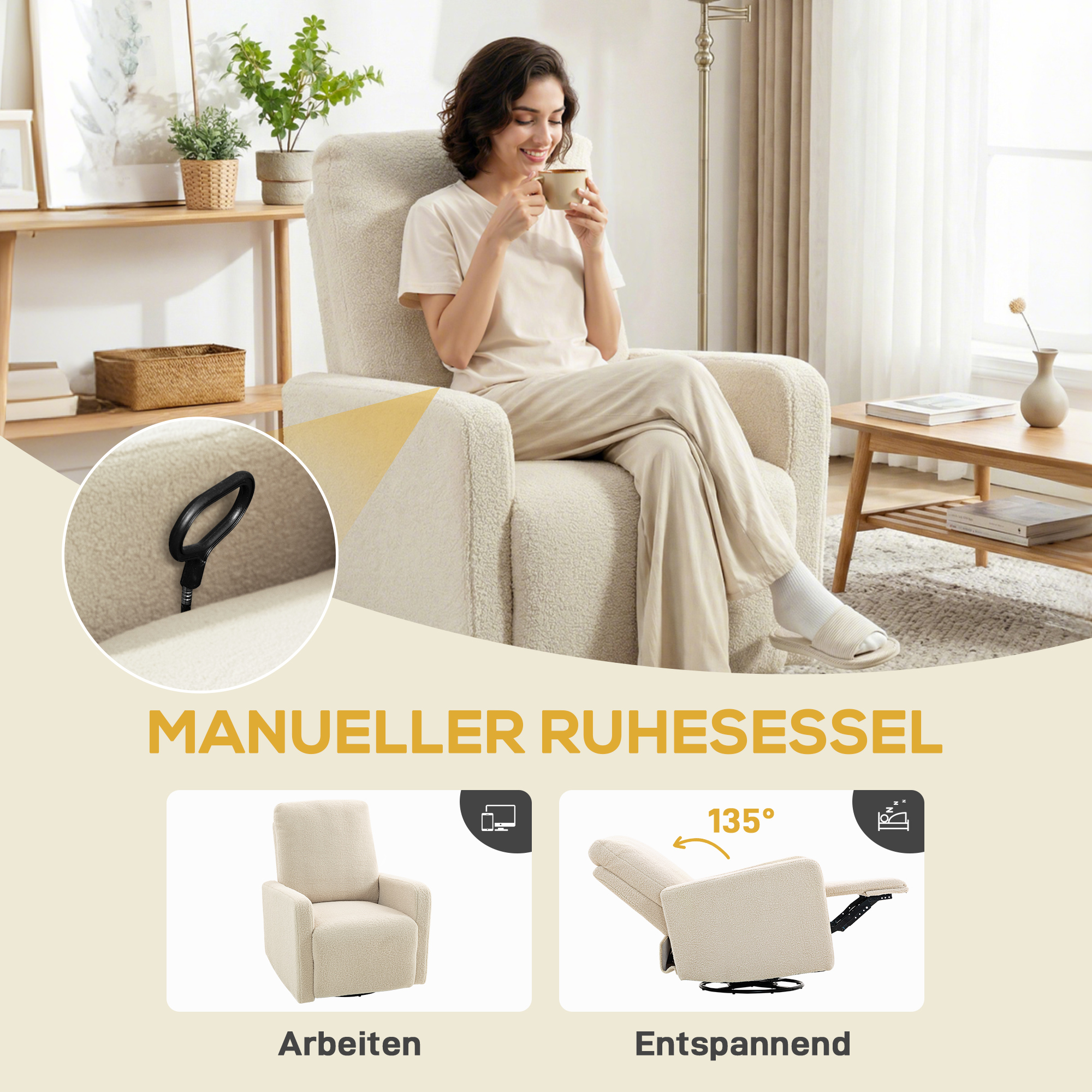 Recliner-Sessel, Entspannungssessel mit Fleece-Bezug, verstellbare Rückenlehne, Polstersessel, Stahl, Beige