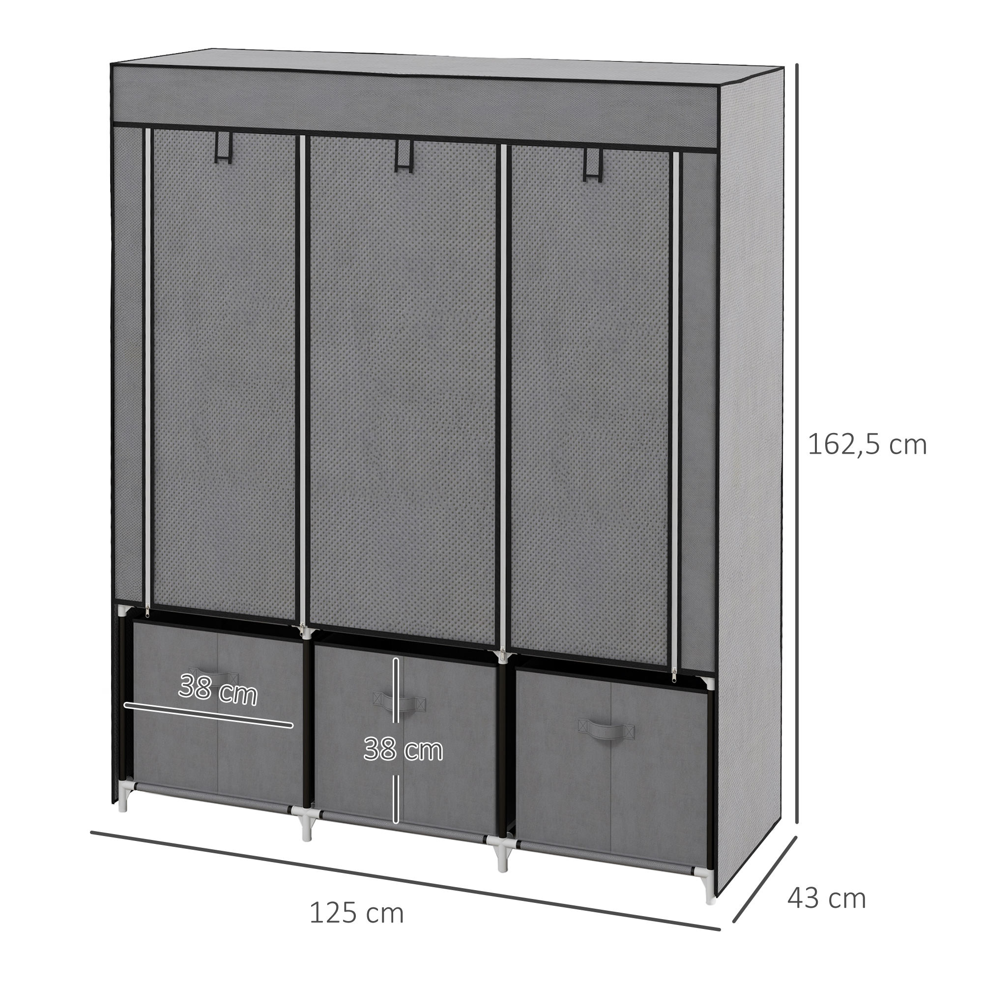 Stoffschrank aus Vlies, Faltschrank, inkl. 3 Schubladen, 125 cm x 43 cm x 162,5 cm, Grau