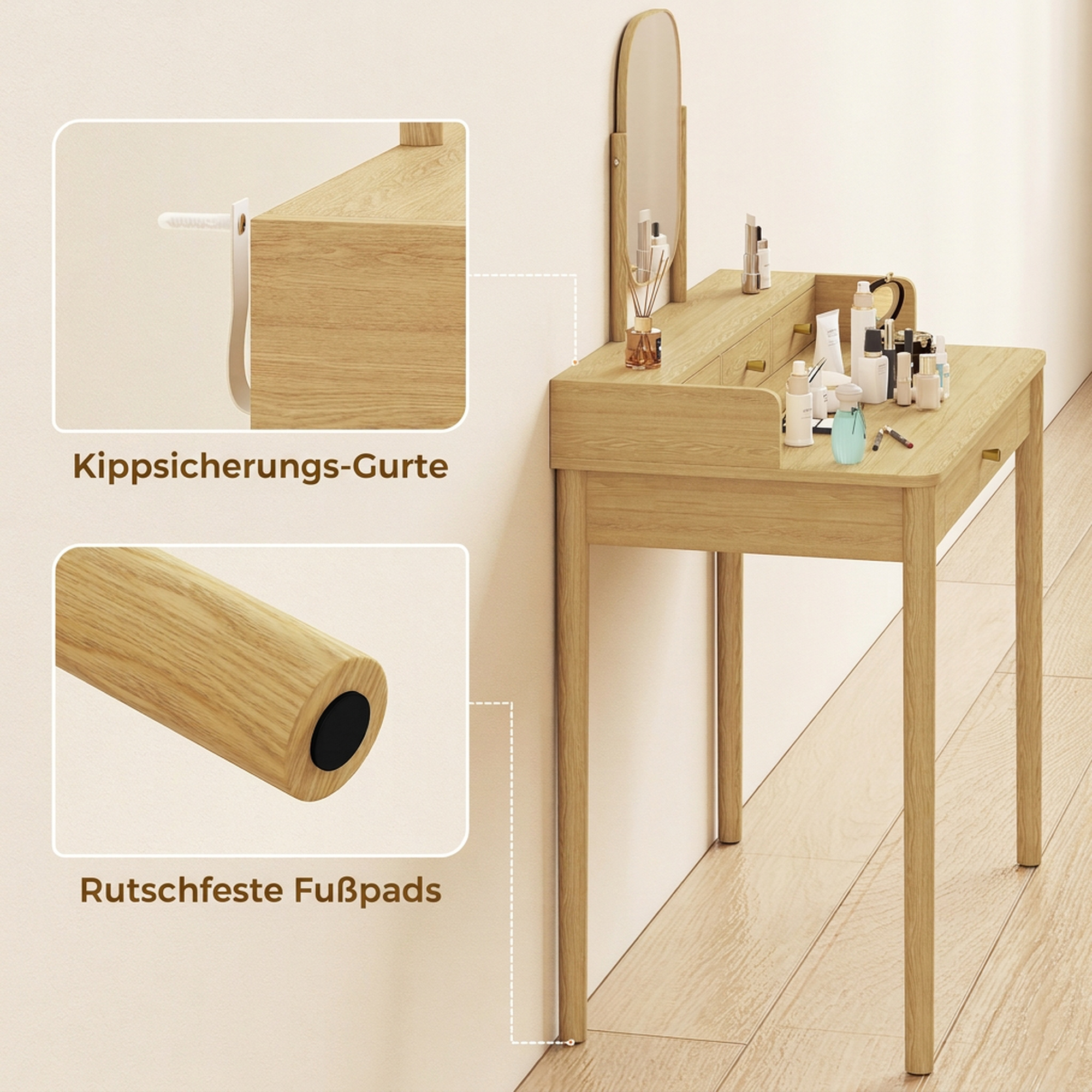 Schminktisch mit Spiegel, Kiefernholz Frisiertisch mit 4 Schubladen, Ablagefläche für Schlafzimmer, Eiche