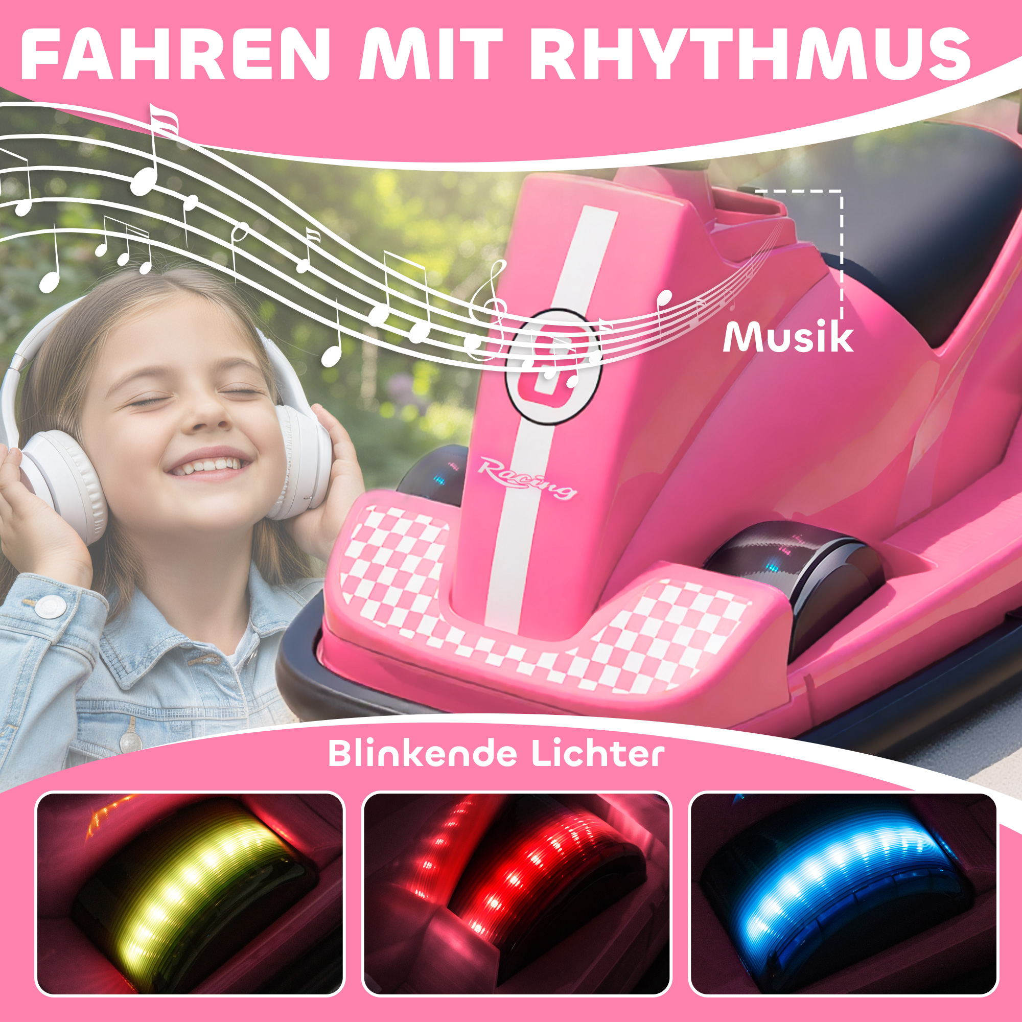 Autoscooter für Kinder, um 360 Grad drehbar, Lenkrad, LED-Lichter, Musikfunktion, 3-8 Jahre, Rosa