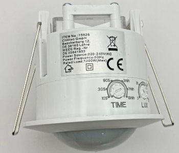 Decken-Einbau-Bewegungsmelder 360° / PIR, LED geeignet, 6m Detektion, weiß
