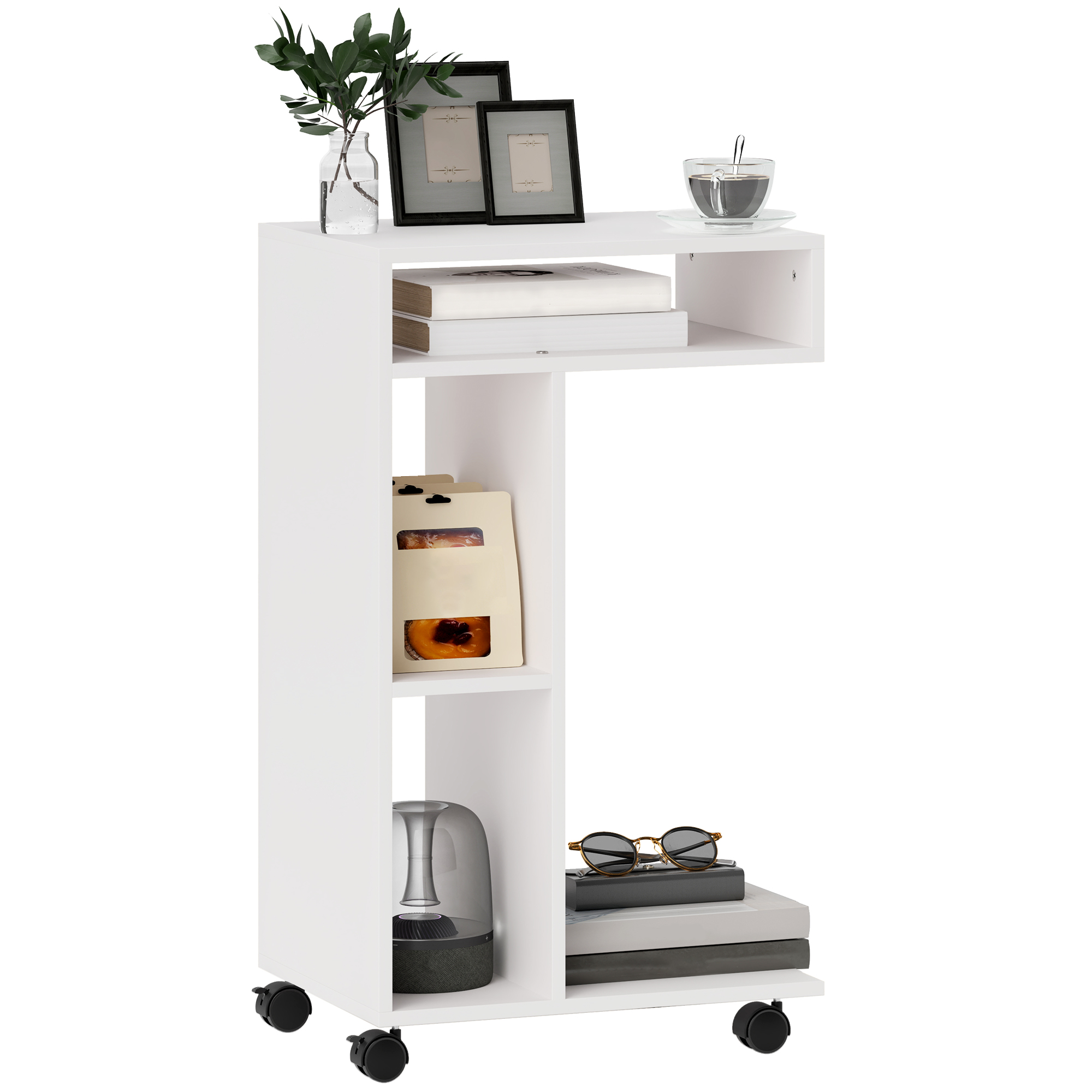 Beistelltisch, C-förmiger Servierwagen, 4 Rollen, 3 Fächer, 40 x 30 x 69 cm, Weiß