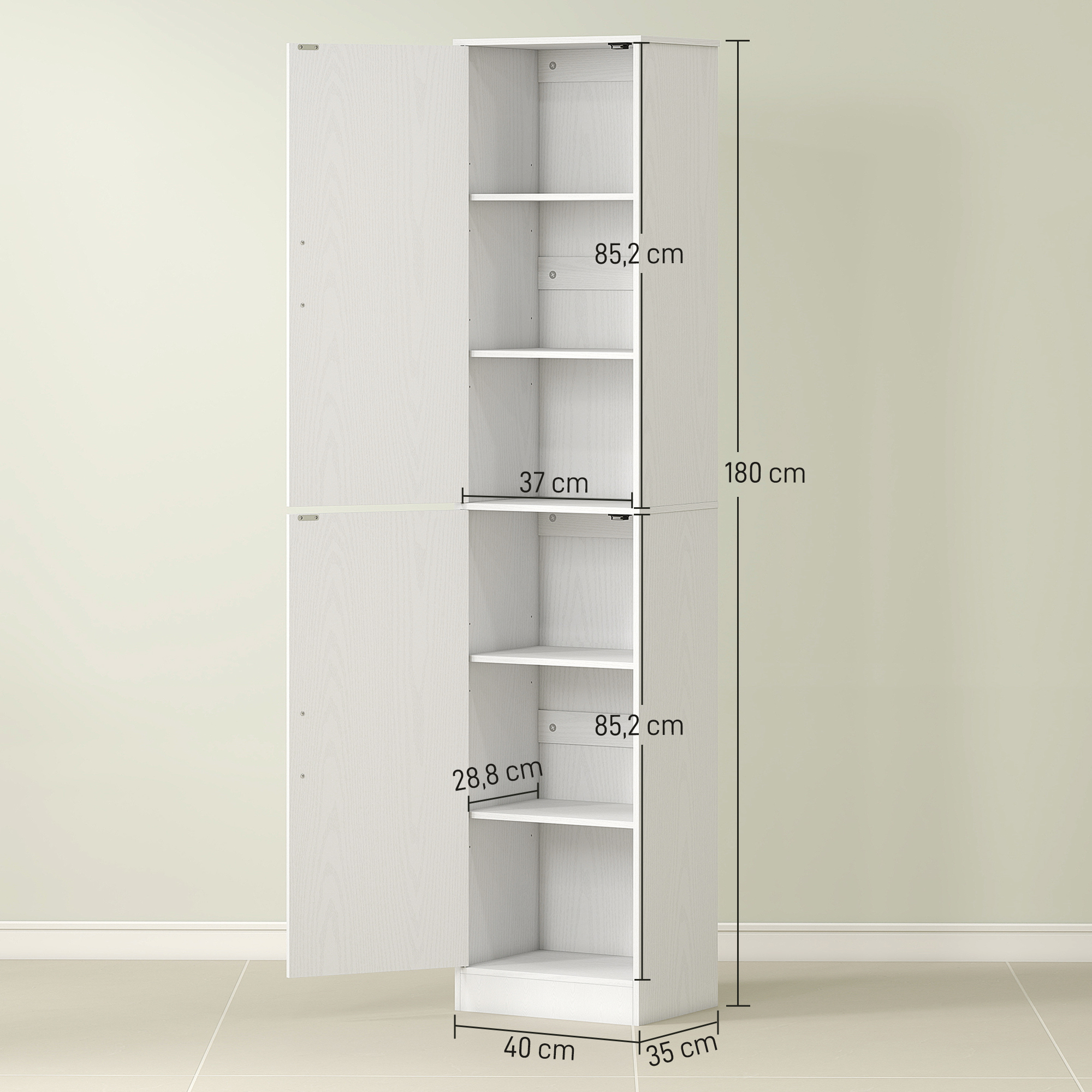 180 cm hoher Badezimmerschrank, schmaler Badschrank mit 2 Türen, 4 verstellbare Regale, Spanplatte, MDF, Weiß