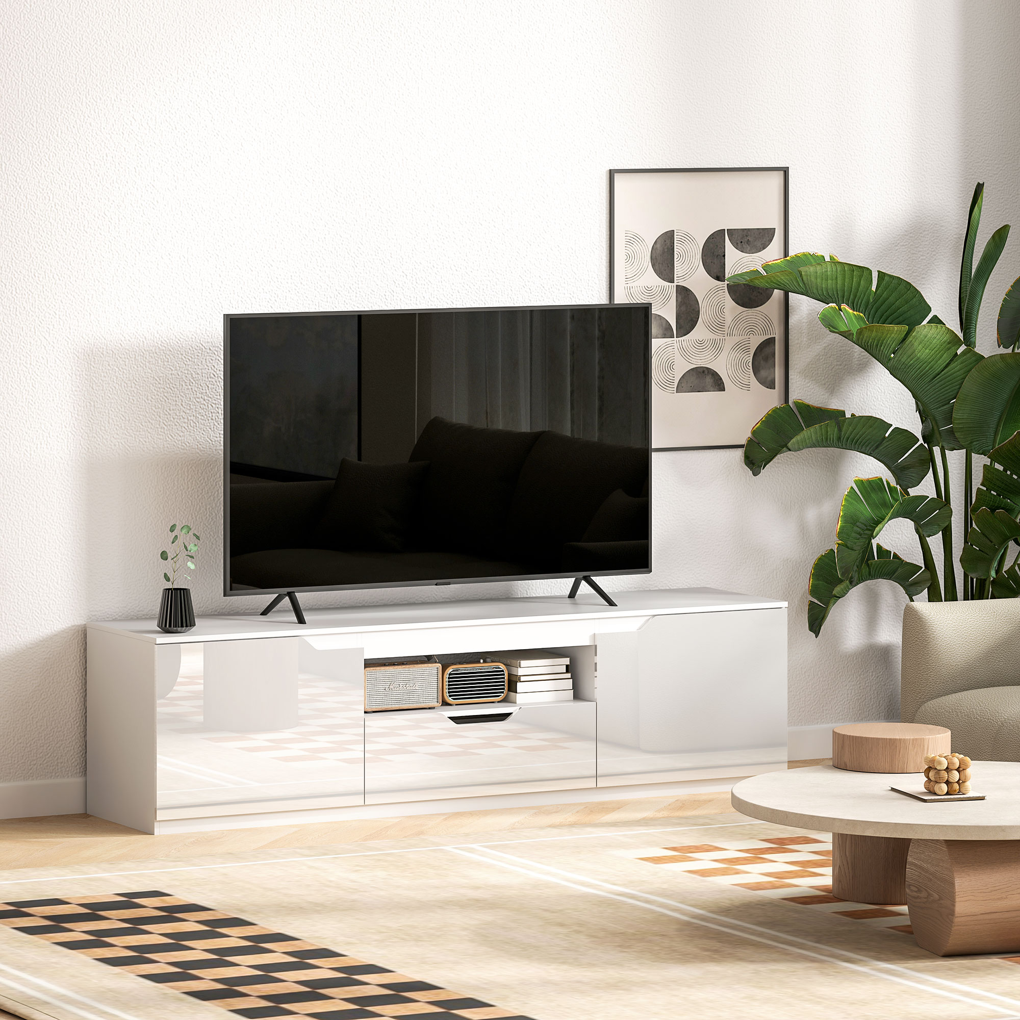 TV-Lowboard, Hochglanz, für Fernseher bis 65'', 3 Fächer, Schublade, 160 x 38 x 43 cm, Weiß