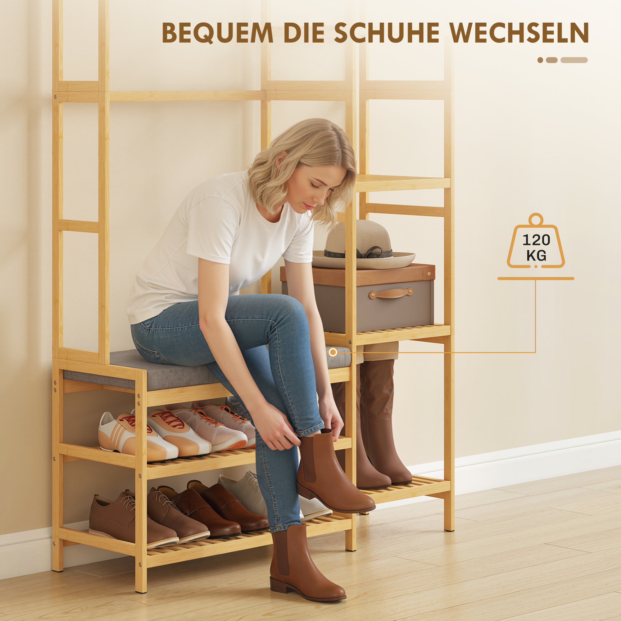 Garderobenständer mit Schuhregal, Kleiderhaken, Mantelständer, Sitzbank mit Kissen, für Flur, Eingangsbereich, Naturholz