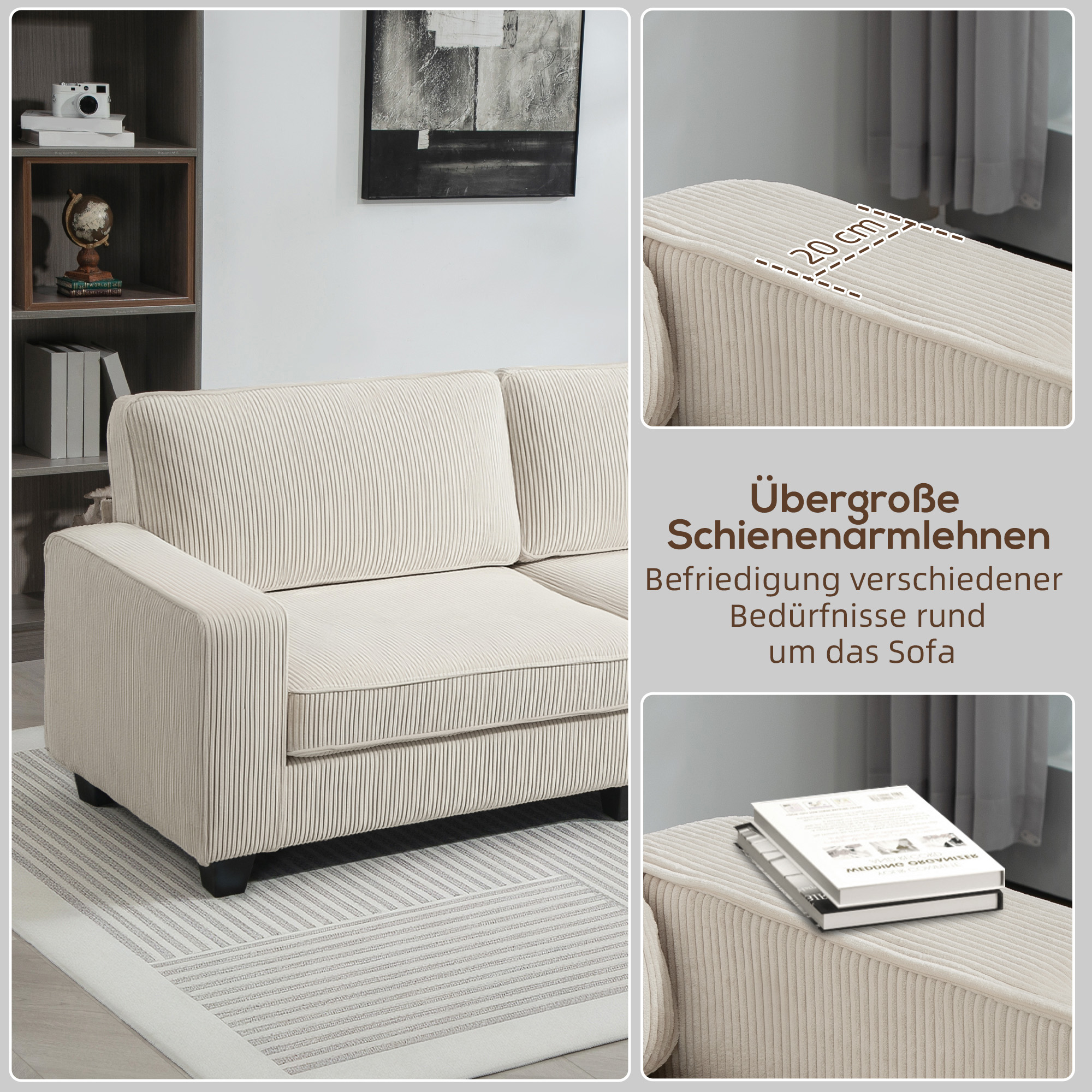 3-Sitzer Sofa mit Cordbezug, Wohnzimmersofa mit Federkern, bis 400 kg, 227 x 84 x 87 cm, Cremeweiß