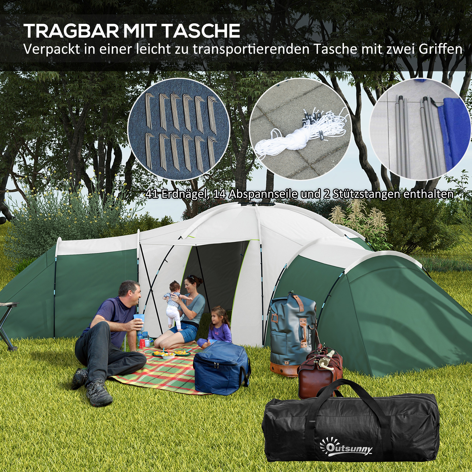 Campingzelt für 6-9 Personen, 4 Räume, Vorzelt, wasserdicht, 615x 615x225cm, Grün