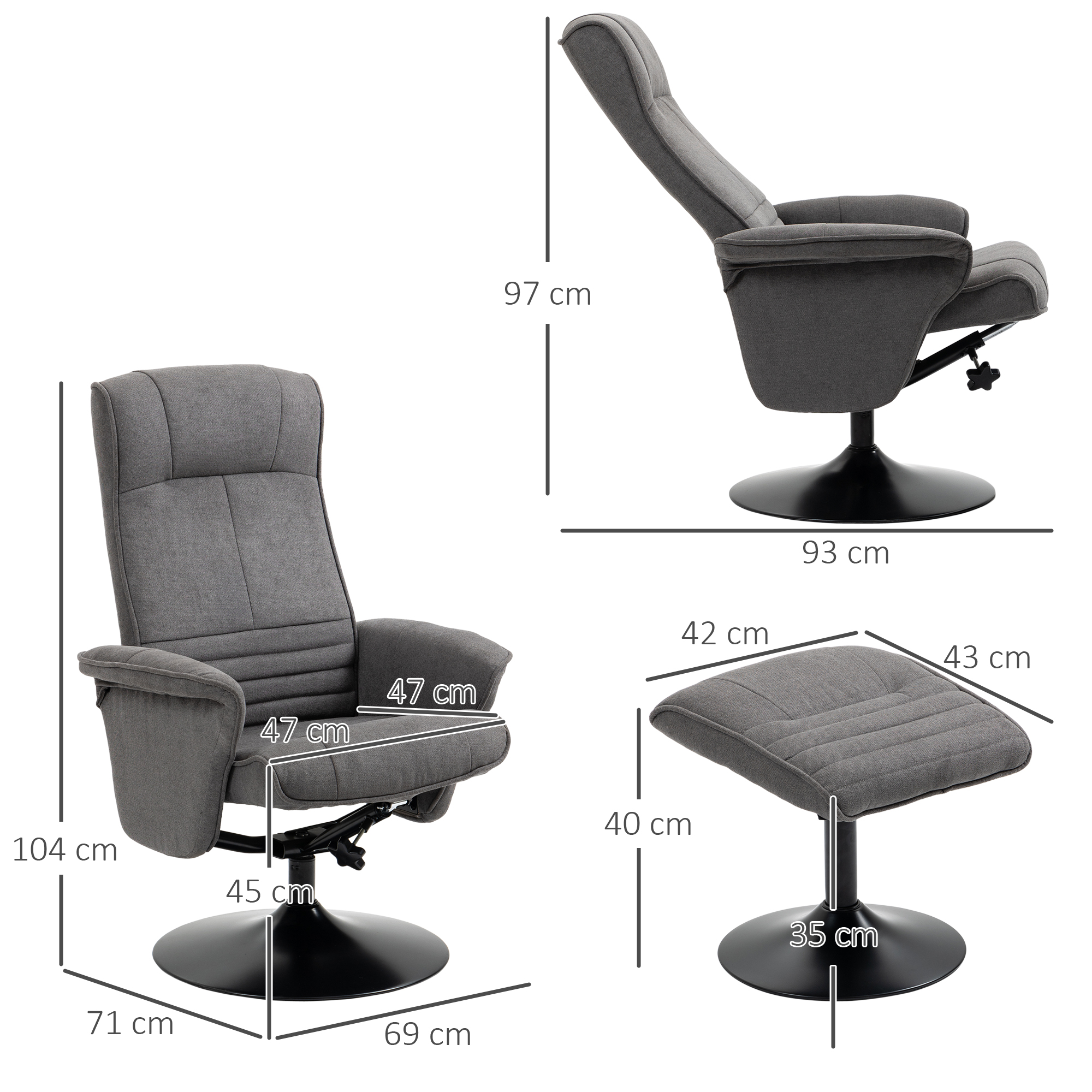 Relaxsessel mit Fußhocker, verstellbare Rückenlehne, 69 cm x 71 cm x 104 cm, Dunkelgrau + Schwarz