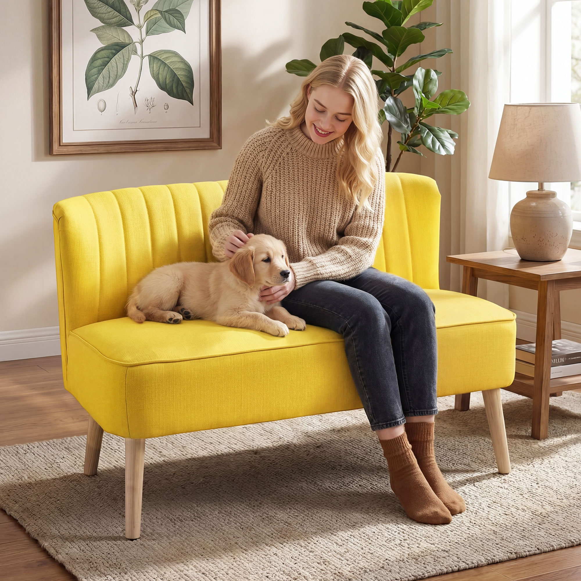 2-Sitzer Sofa, weiche Polsterung, pflegeleichter Bezug, bis 220 kg, 117 x 56,5 x 77 cm, Gelb