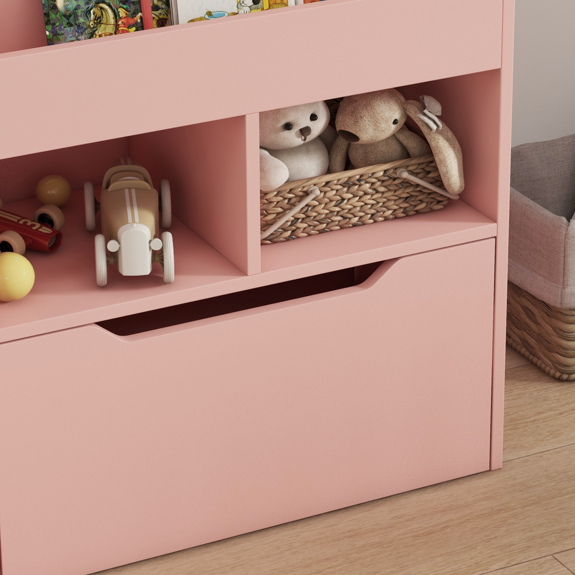 Kinderregal mit Schublade, Bücherregal mit Fächern, 60 x 29,9 x 90 cm, Rosa