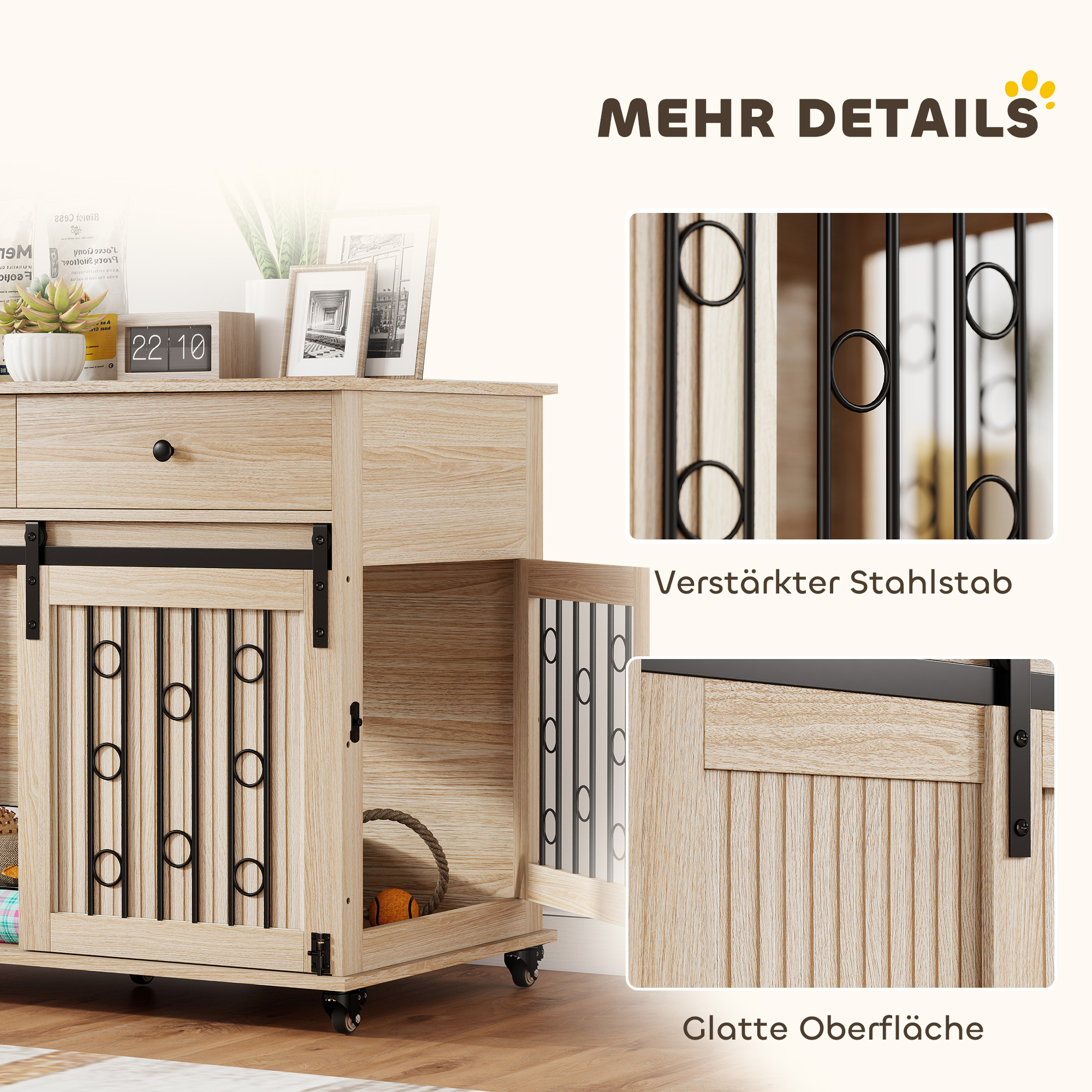 Hundebox auf Rädern, 2 Türen, 2 Schubladen, für mittlere und große Hunde, Holz, Stahl