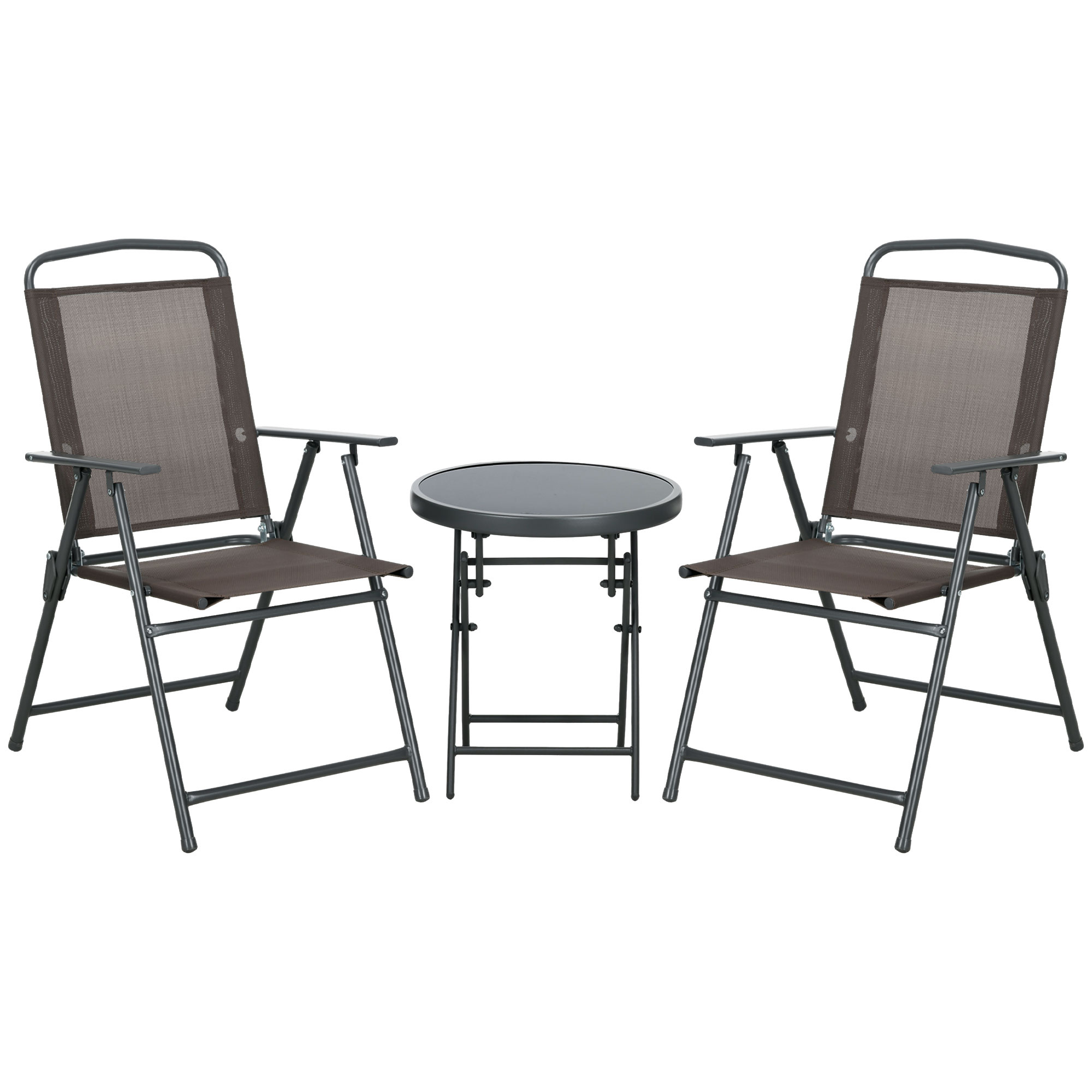 Bistro-Set 3-teilig aus Metall Wetterfest Gartenmöbel Set mit klappbar Glastisch Gartenstühlen Braun