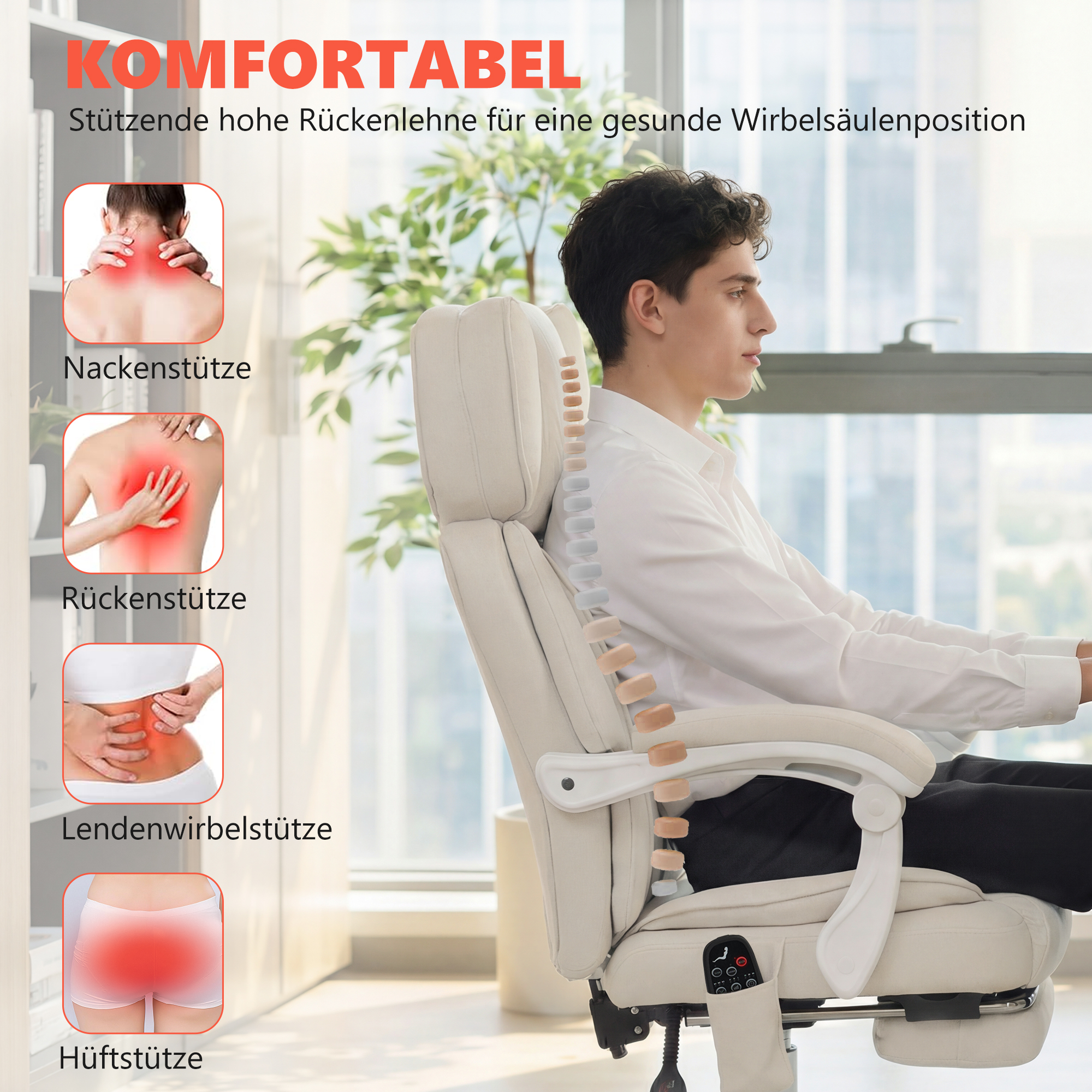 Hochlehner-Bürostuhl mit Vibrationsmassage und Heizung, ergonomisch, neigbar, mit Fußstütze, Cremeweiß
