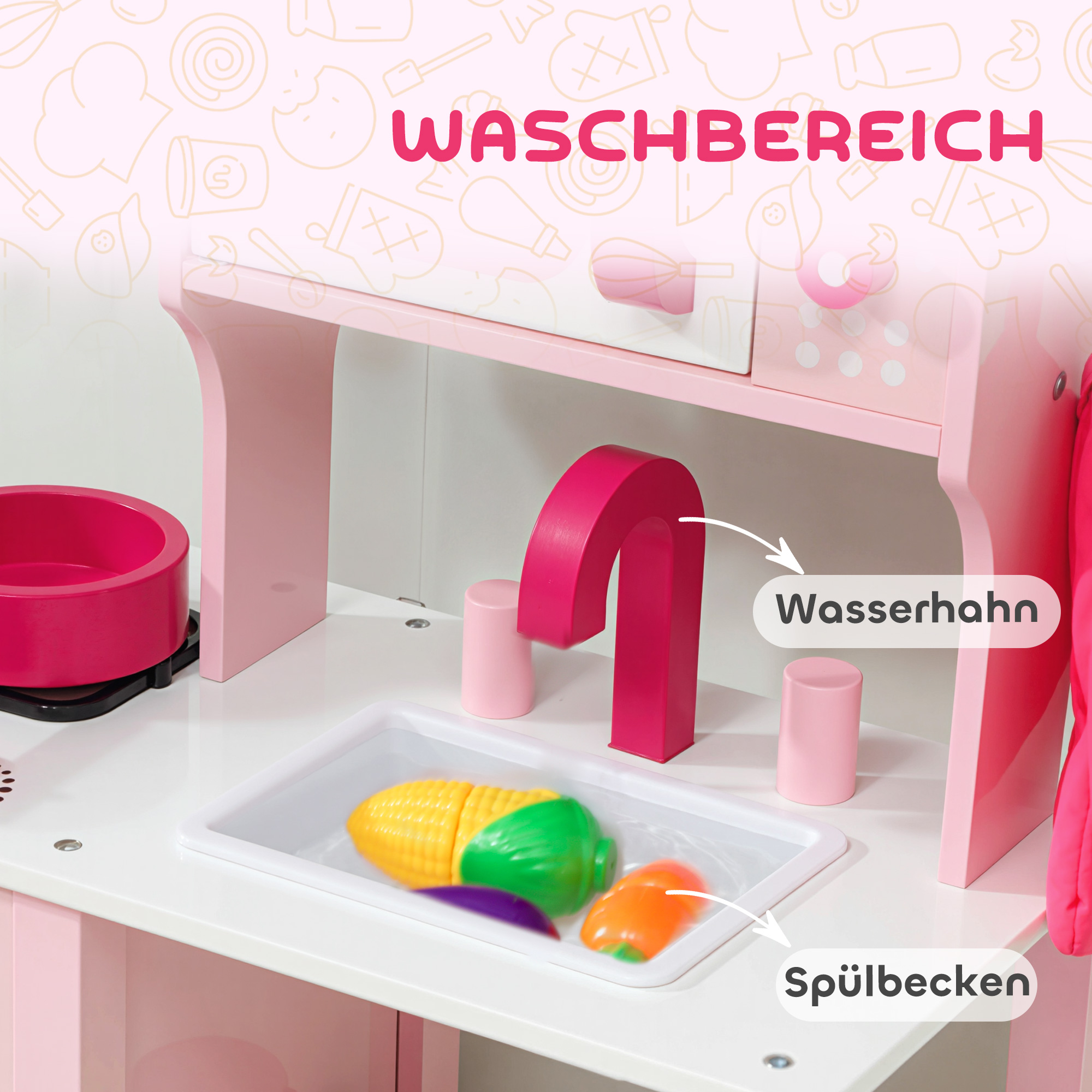 Kinderküche zum Spielen, Zubehör aus Holz, Küchengeräte, kompakt, Geräusche, Rosa