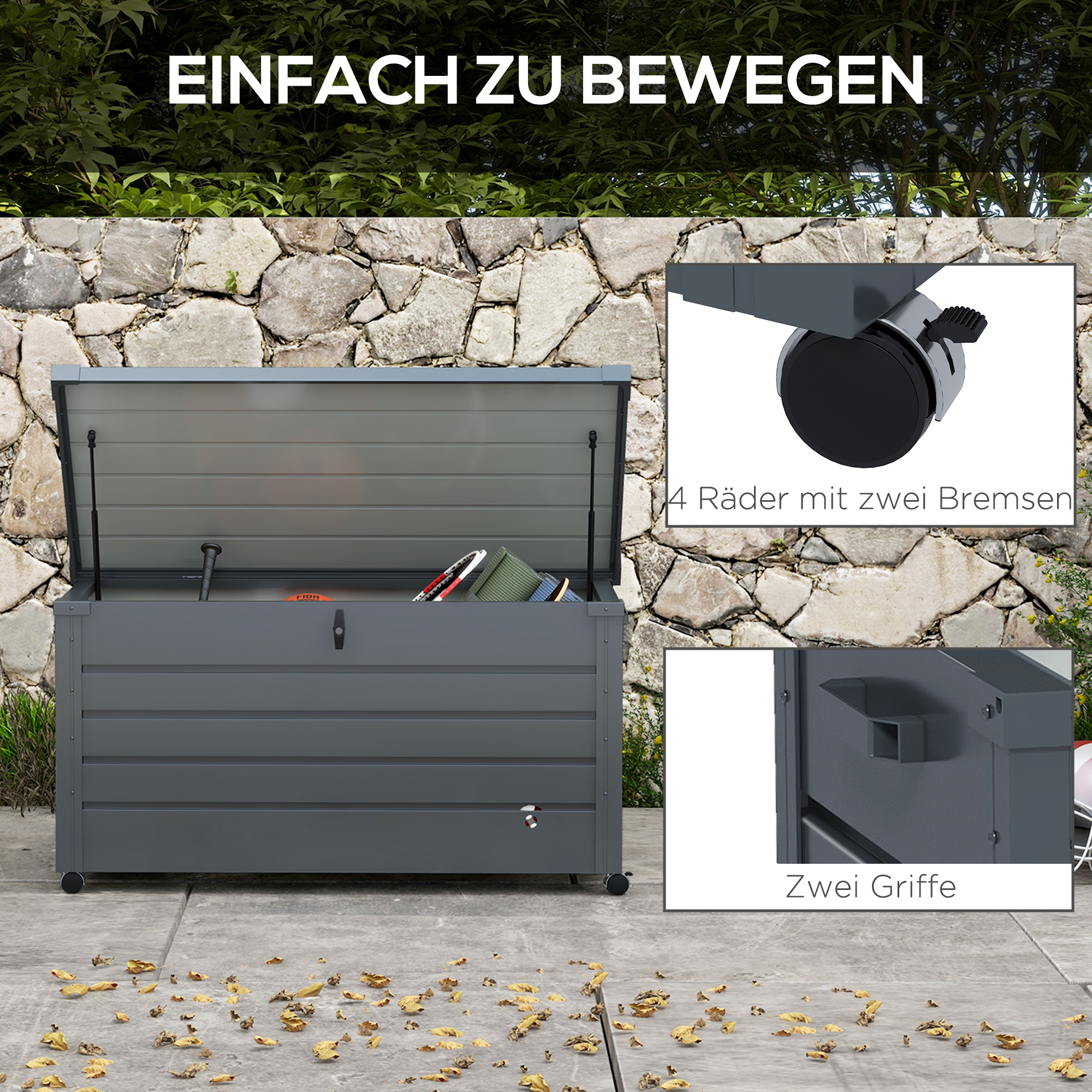 Outdoor Aufbewahrungsbox, Gartenbox, Kissenbox, wetterbeständig, 4 Rollen, 100 x 62 x 65 cm, Dunkelgrau