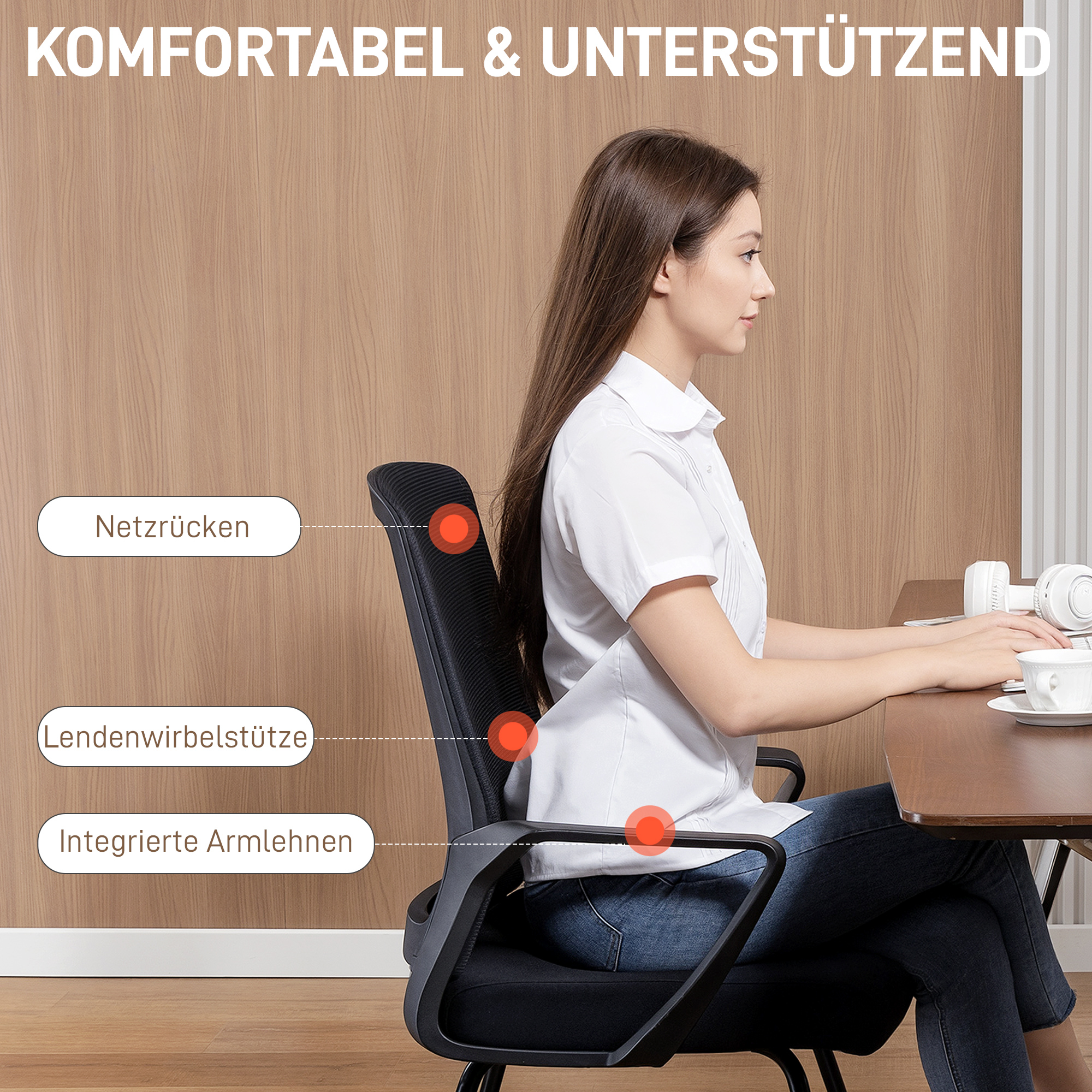 Bürostuhl Besucherstuhl mit Armlehne, Lendenstütze, Netzbespannung für Büro, Konferenzraum Schwarz