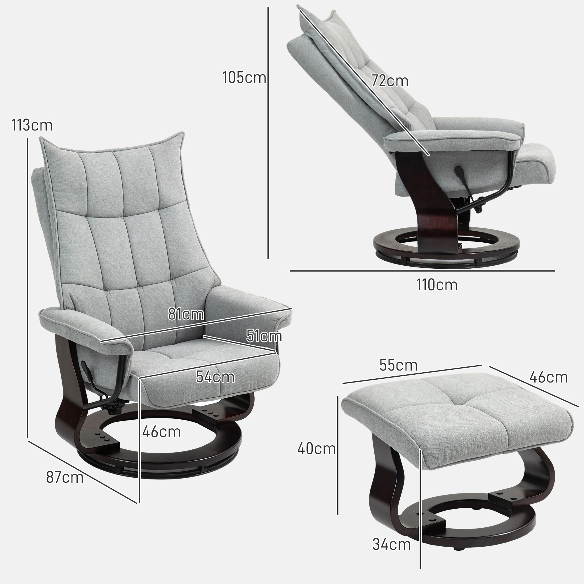 Relaxsessel mit Hocker, drehbar, Wippfunktion, verstellbare Rückenlehne, bis 150 kg, Grau