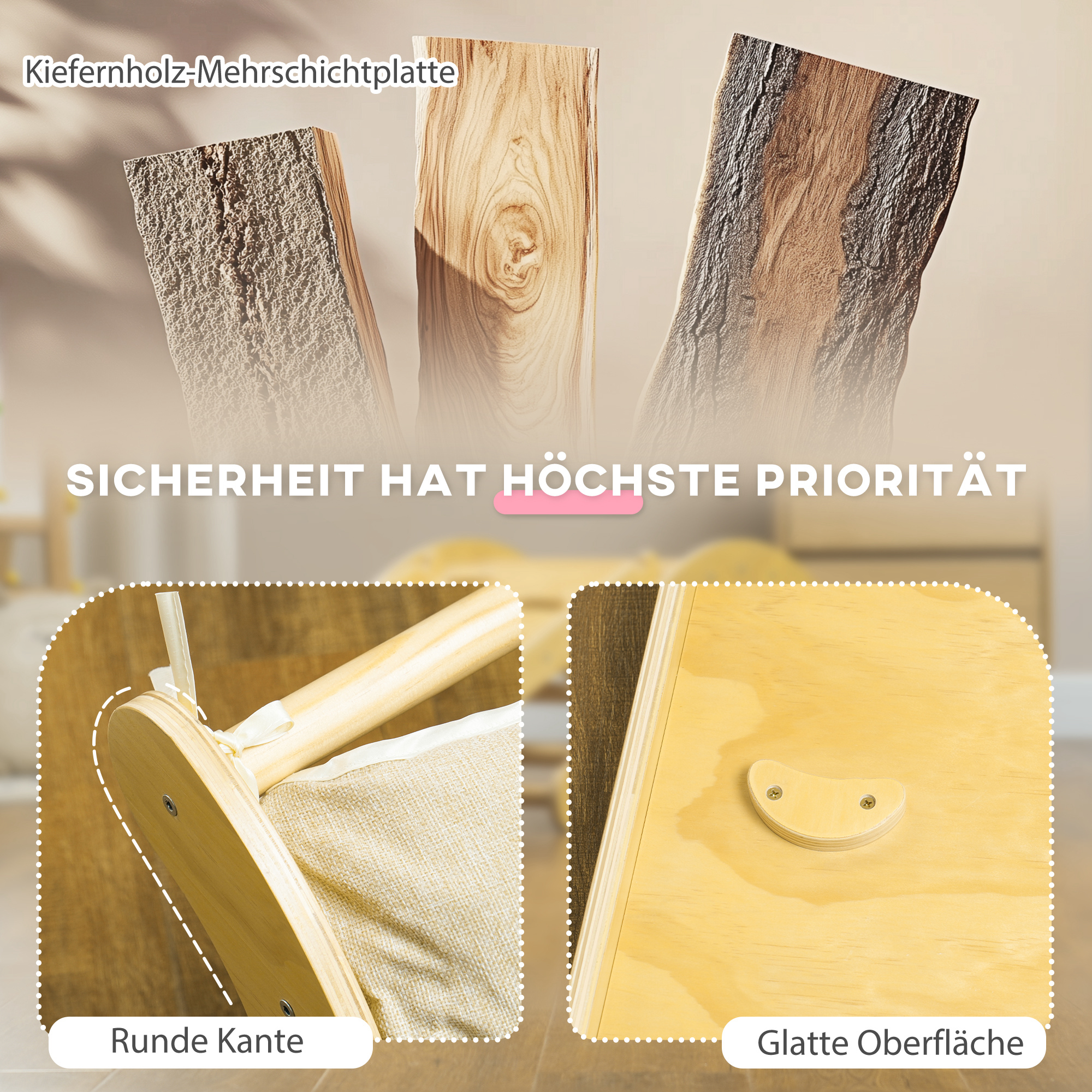 Kinder-Kletterset, 4-in-1-Design mit Bogenbrücke, Schaukelwippe, Kissen, Rutschrampe, für den Innenbereich, Holz