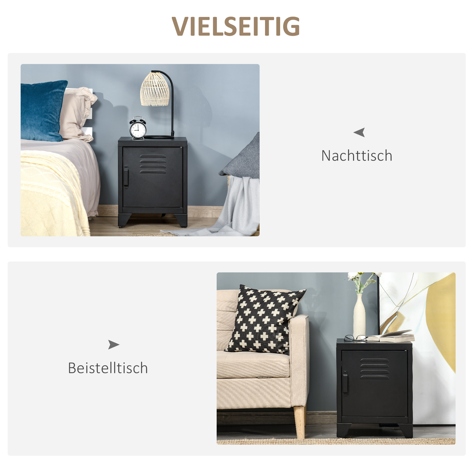 Nachttisch, Beistelltisch mit verstellbarem Regal, Tür, Nachtschrank für Schlafzimmer, Wohnzimmer, Metall, Schwarz, 50 x 40 x 47,5 cm