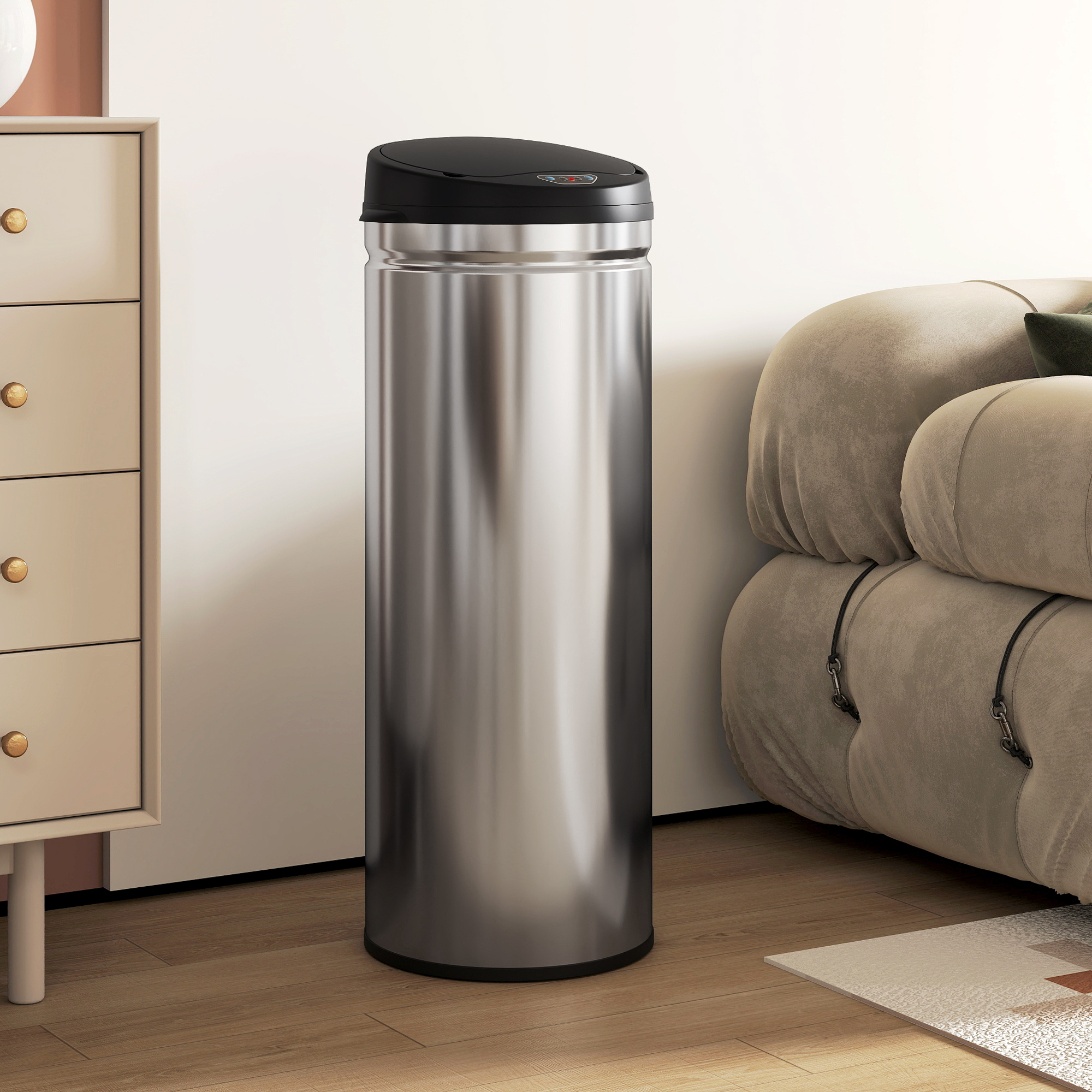 50 Liter Sensor-Mülleimer mit Soft-Close-Funktion, berührungsfreier Abfalleimer aus Edelstahl für hygienische Küchen, Büros, Silberfarben