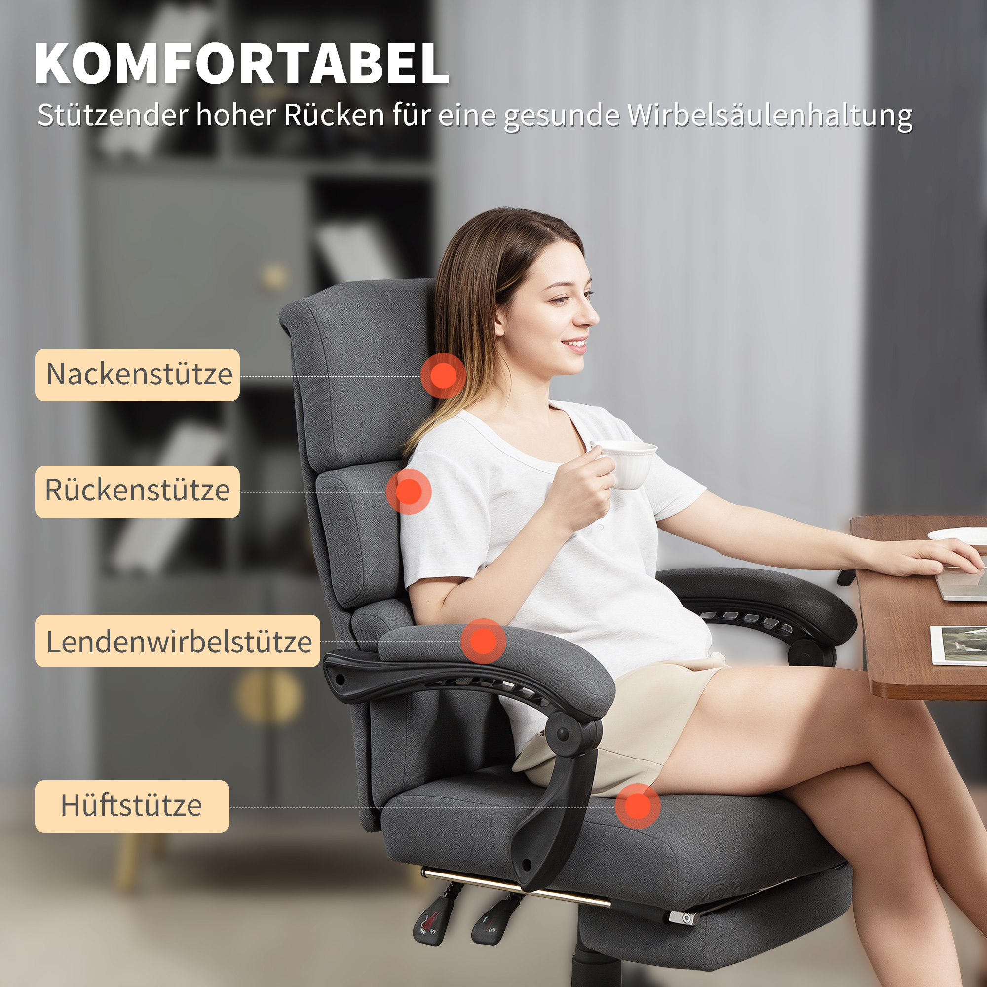 gepolsterter Bürostuhl mit Samt-Optik, höhenverstellbar, rollbar, Grau