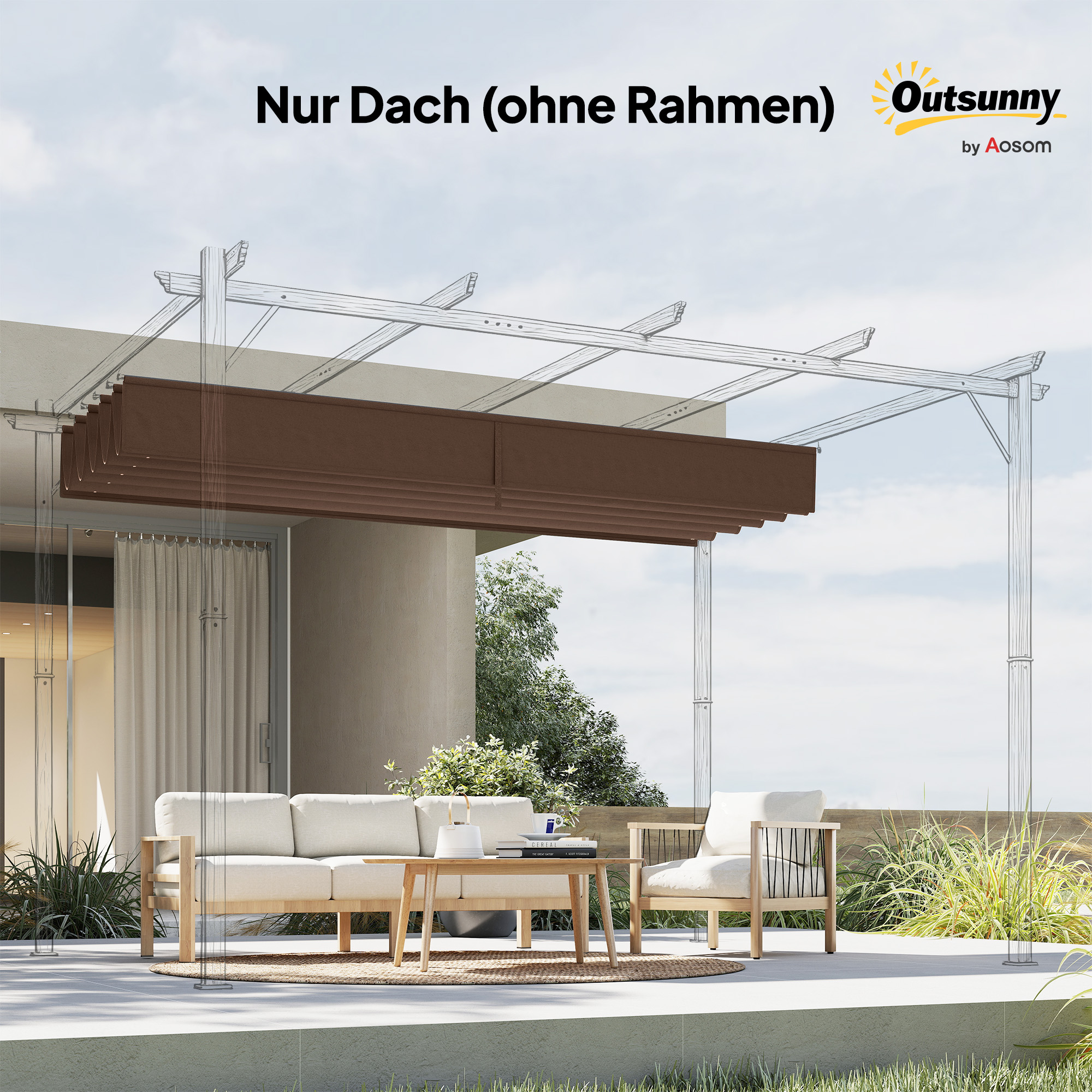 Ersatzdach für 3 x 3 m Pergola, einziehbar, mit Regenabflusslöchern, wetterfest, Polyester, Kaffee