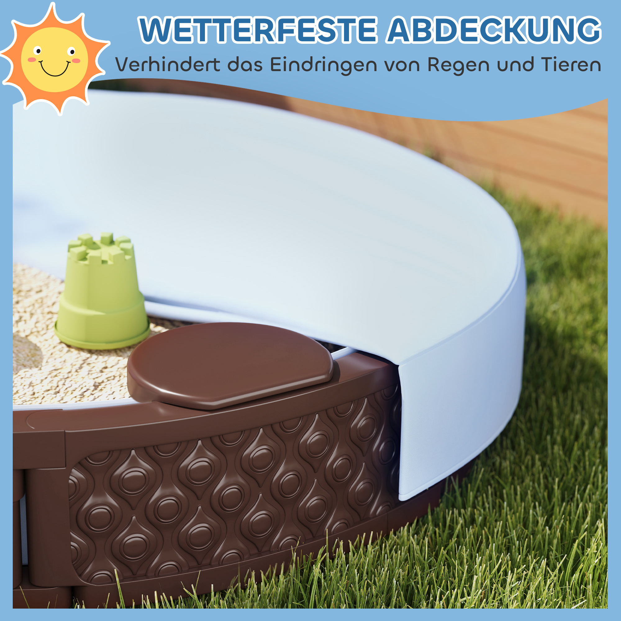Sandkasten, Runde Sandkiste für bis zu 3 Kinder, mit 3 Sitzen, wasserfeste Unterlage, Schutzplane, 300 kg Sand