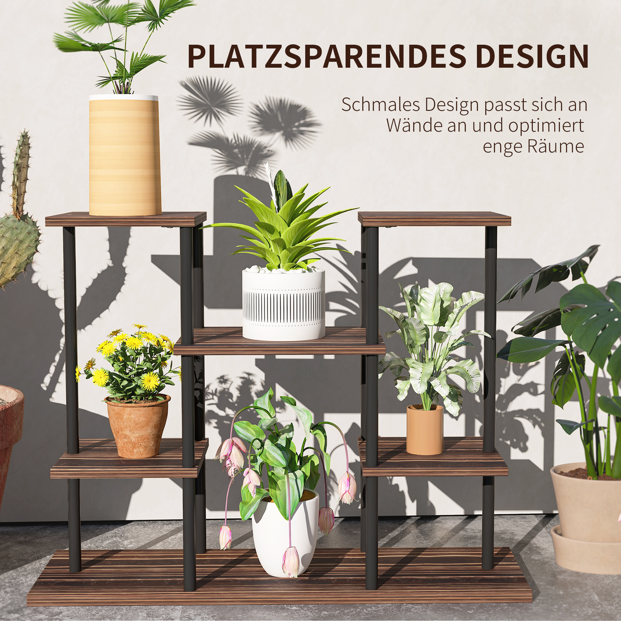 Blumenständer mit 4 Ebenen, 4-stufiger Pflanzenständer, Blumentopfhalter für drinnen und draußen, Holz, Stahl