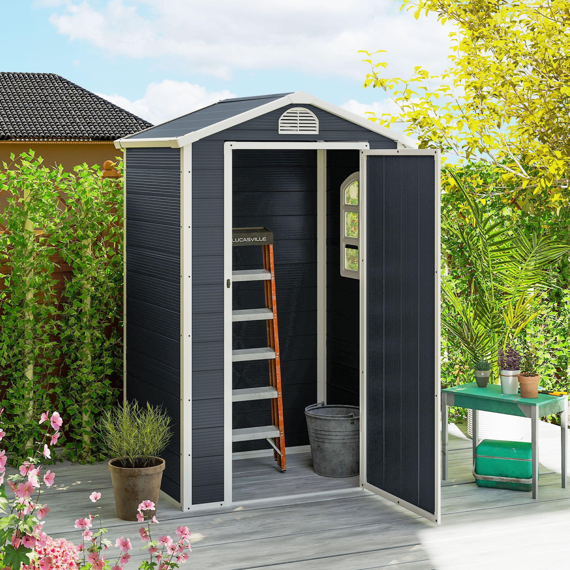 Gerätehaus Kunststoff 1,9m² 134x104x204cm Geräteschuppen mit Satteldach Tür wetterfest Gartenhaus Outdoor Garten Schuppen Schrank für Hinterhof Außenbereich Dunkelgrau